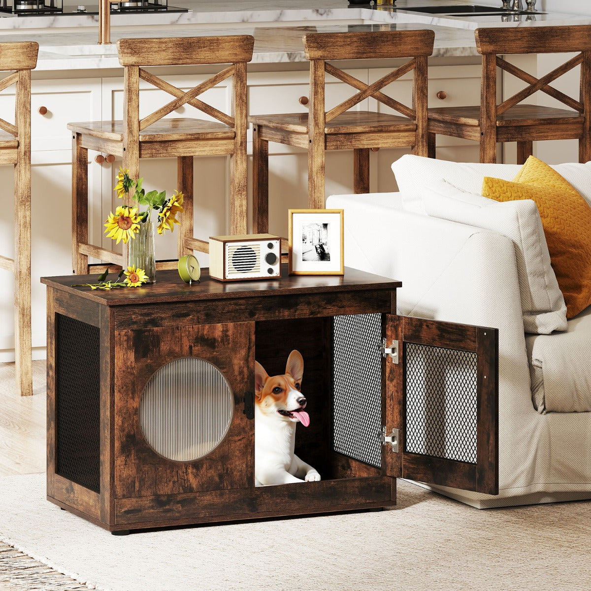 Móvel de Casa de Banho para Gatos Recinto de Caixa de Areia com Grade Metálica Porta Transparente Tampo Espaçoso 82 x 47 x 60 cm Café