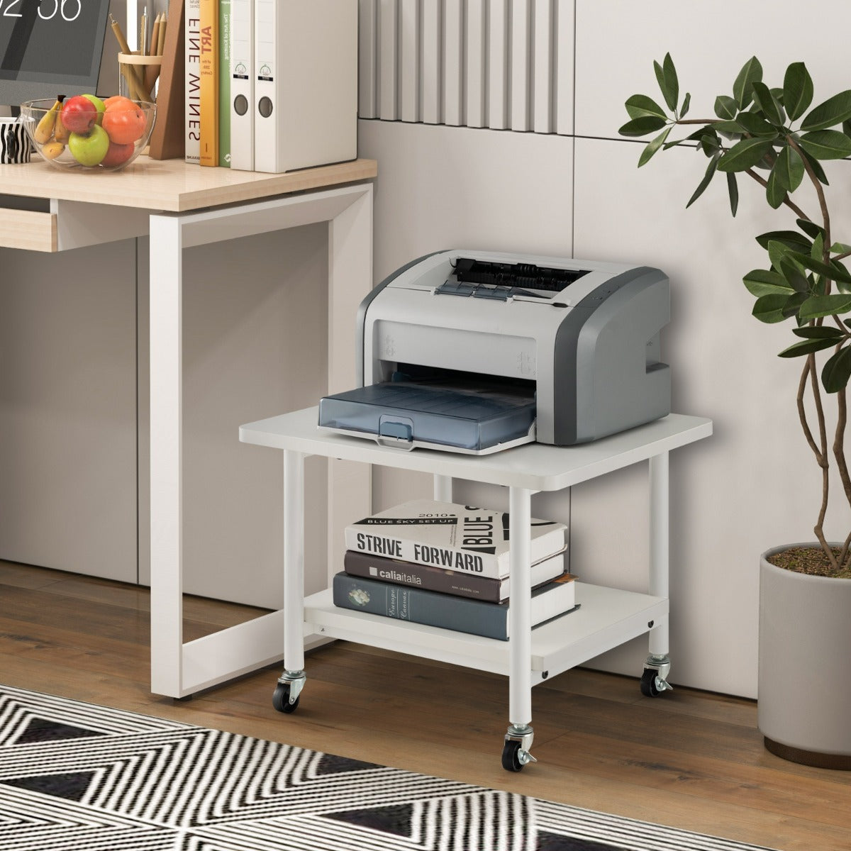 Móvel para Impressora com Armazenamento, 4 Rodas e Mecanismo de Bloqueio, Estante de 2 Níveis Branco