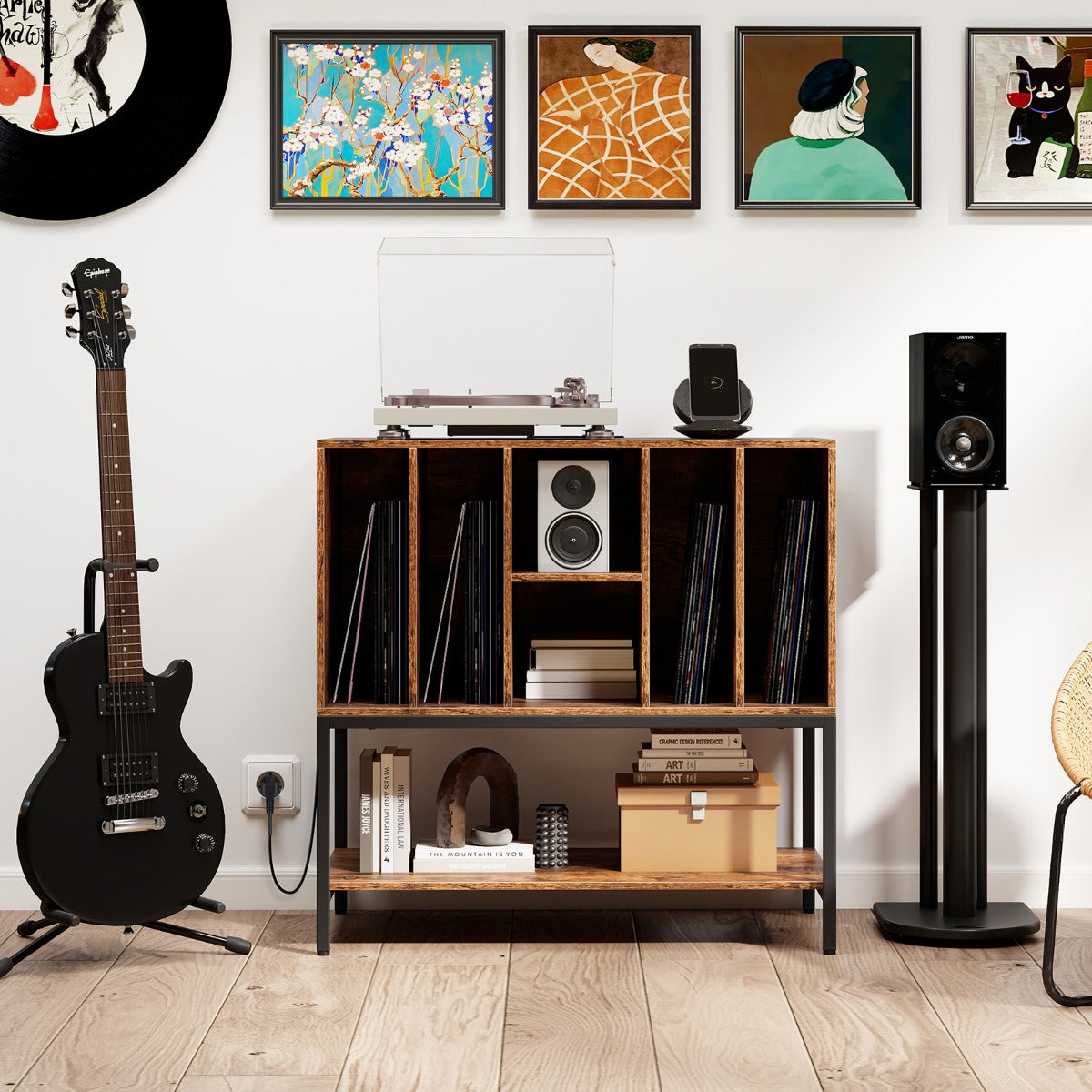 Móvel de Armazenamento para Discos de Vinil com Estação de Carga e 6 Compartimentos Café