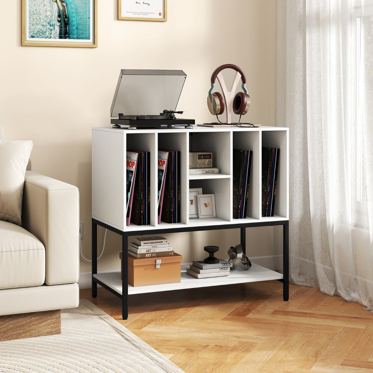 Móvel de Suporte para Gira-Discos com Armazenamento para Vinis, Estação de Carregamento, 6 Compartimentos e Prateleira Aberta para Álbuns Branco