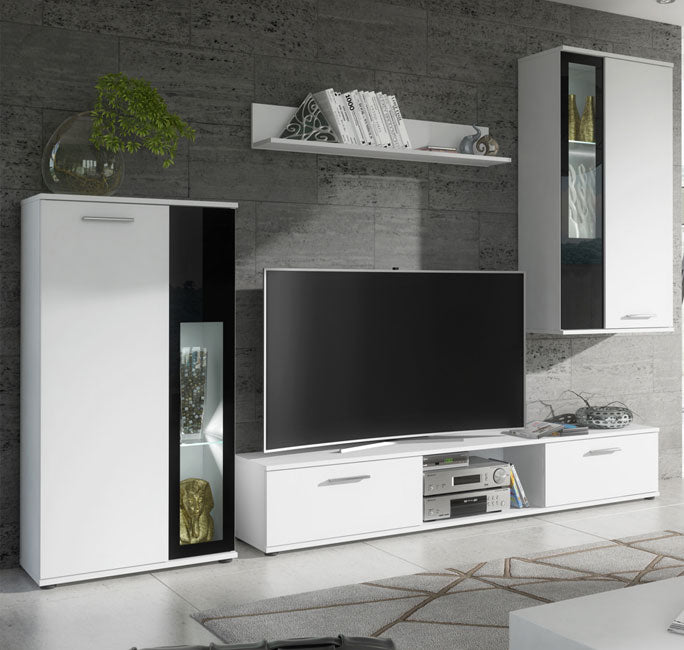 Móvel de sala Aristo branco mate e vidro preto (2,35m)