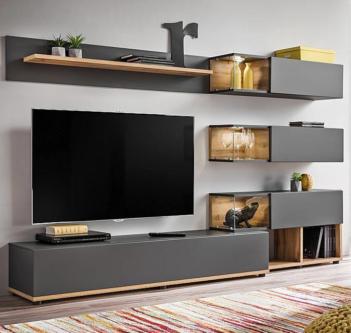 Móvel de sala modelo Olson cor cinza e carvalho (2,4m)