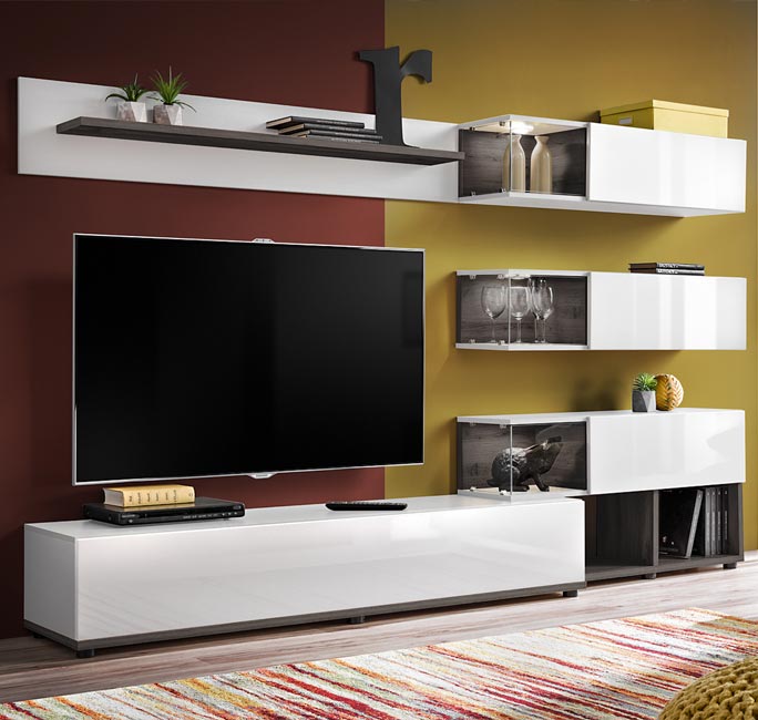 Móvel de sala modelo Olson em cinzento Sidney e branco (2,4m)
