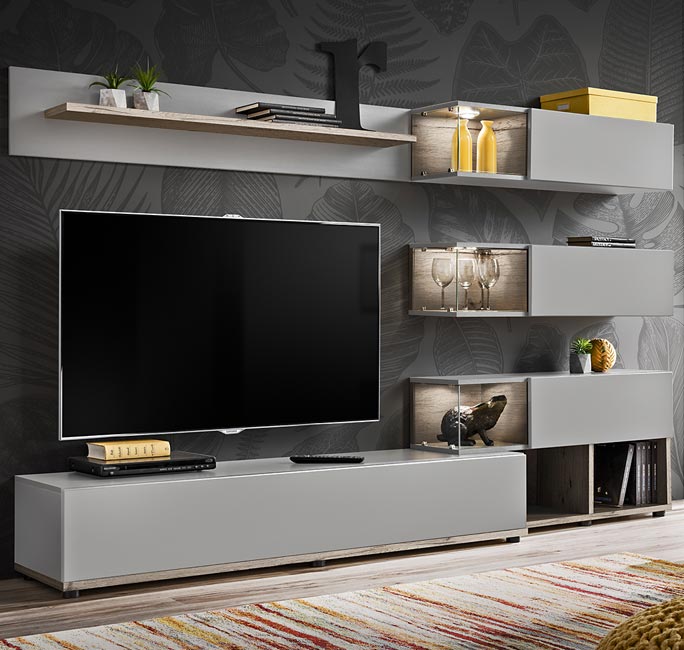 Móvel de sala modelo Olson cinza pérola e trufa (2,4m)