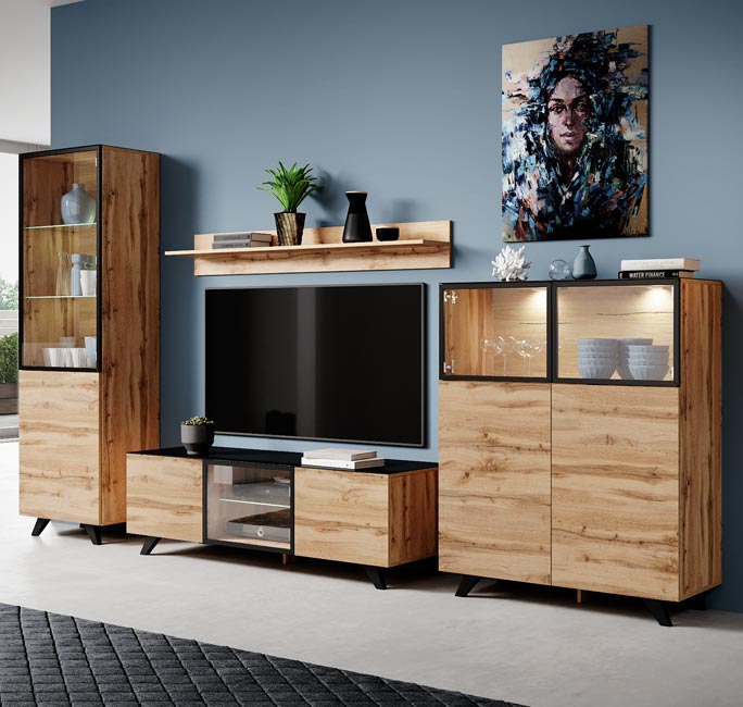 Móvel de sala modelo Virginia em carvalho e preto
