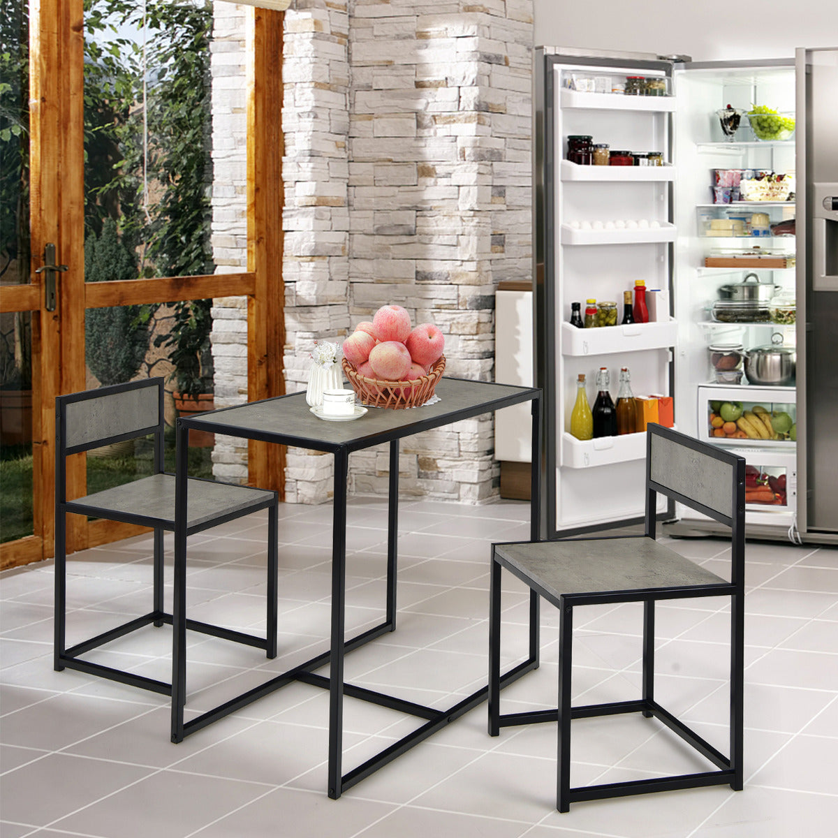 Conjunto com Mesa Compacta e 2 Cadeiras em Estrutura de Metal para Pequenos Espaços Cozinha Sala de Jantar Bistrô Cinzento