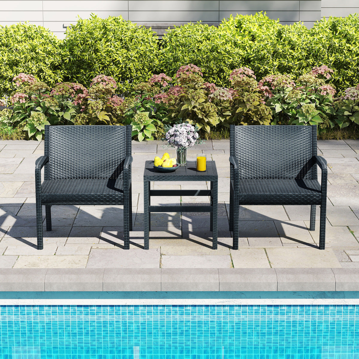 Conjunto de Móveis de Pátio de 3 Peças em Vime Cinzento Conjunto de Conversação para Exterior com 2 Cadeirões de Vime e Mesa Auxiliar de Vime PP