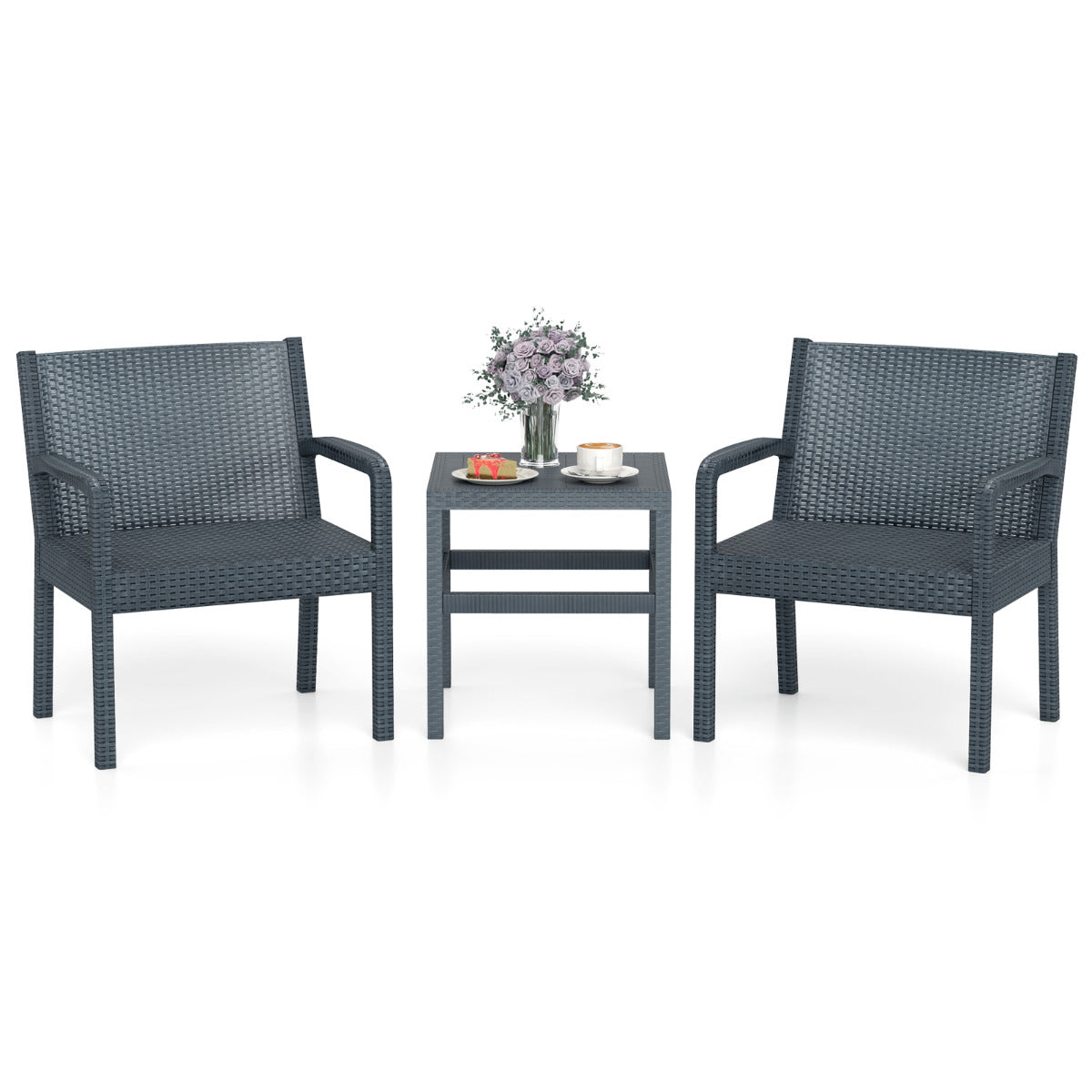 Conjunto de Móveis de Pátio de 3 Peças em Vime Cinzento Conjunto de Conversação para Exterior com 2 Cadeirões de Vime e Mesa Auxiliar de Vime PP