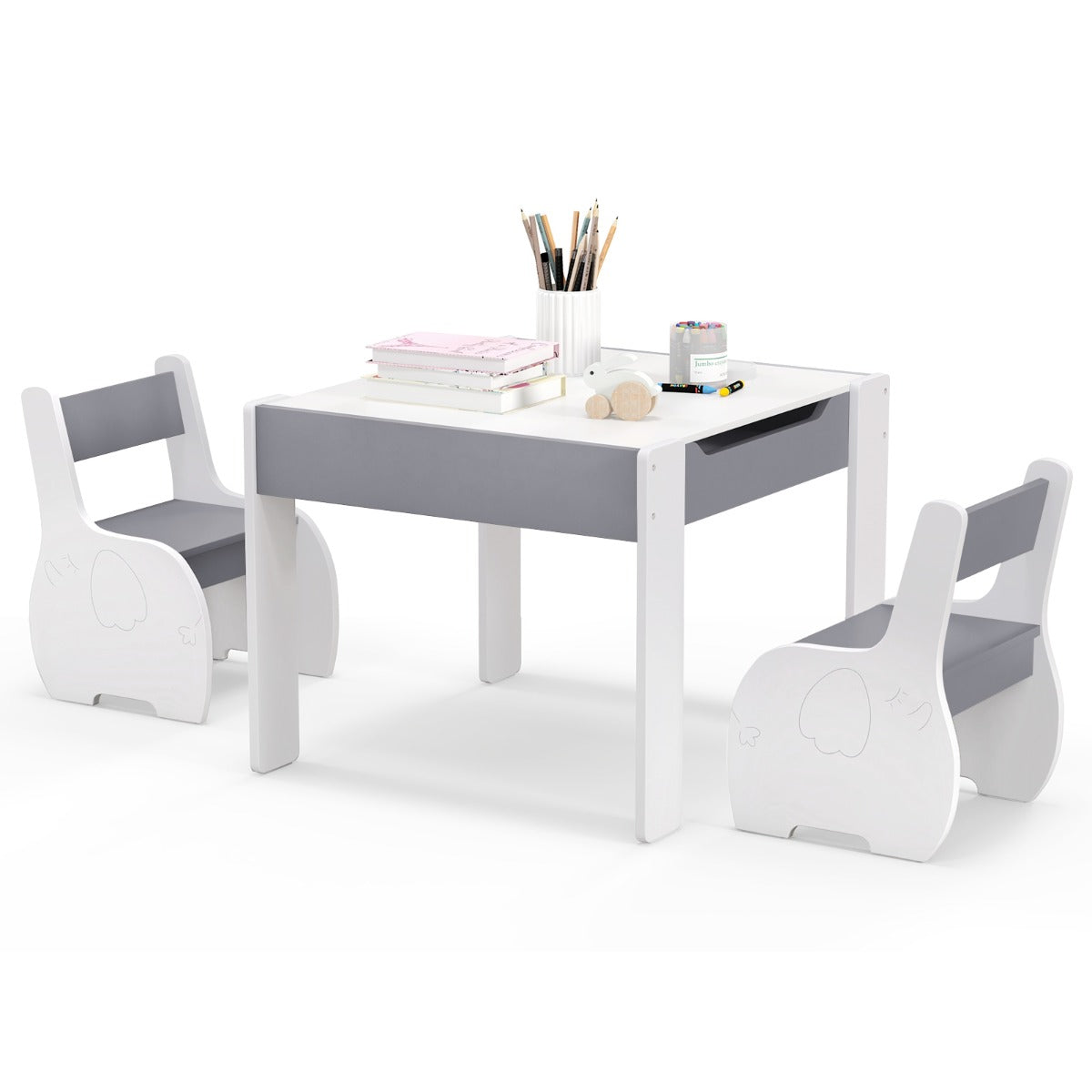 Conjunto de Mesa e 2 Cadeiras para Crianças Mesa de Atividades de Madeira 4 em 1 para Arte, Desenho, Leitura e Quadro Removível Cinza e Branco