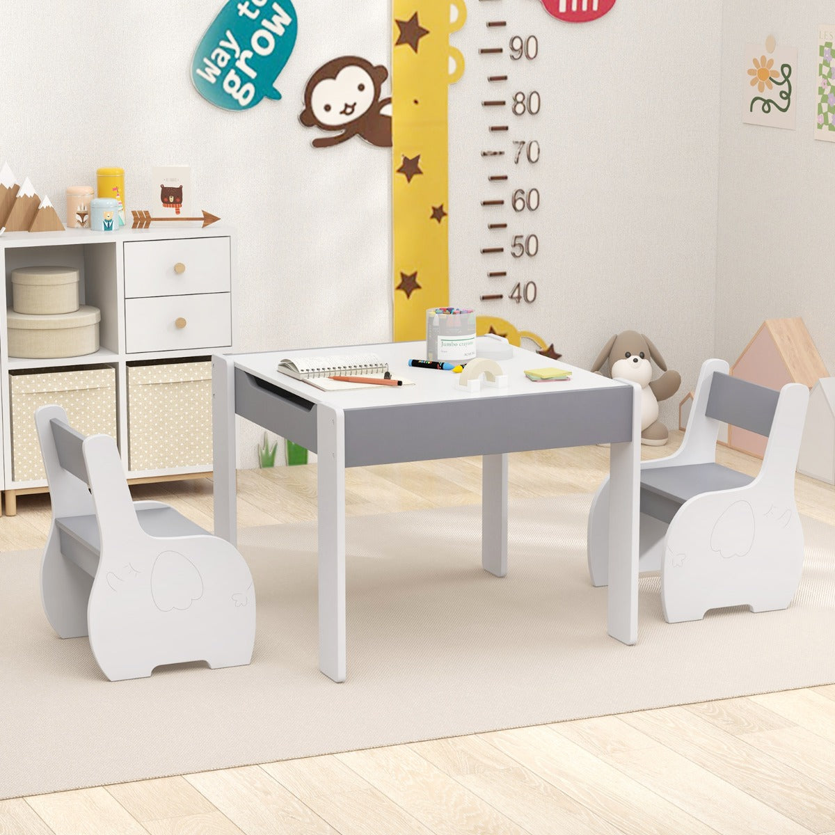 Conjunto de Mesa e 2 Cadeiras para Crianças Mesa de Atividades de Madeira 4 em 1 para Arte, Desenho, Leitura e Quadro Removível Cinza e Branco
