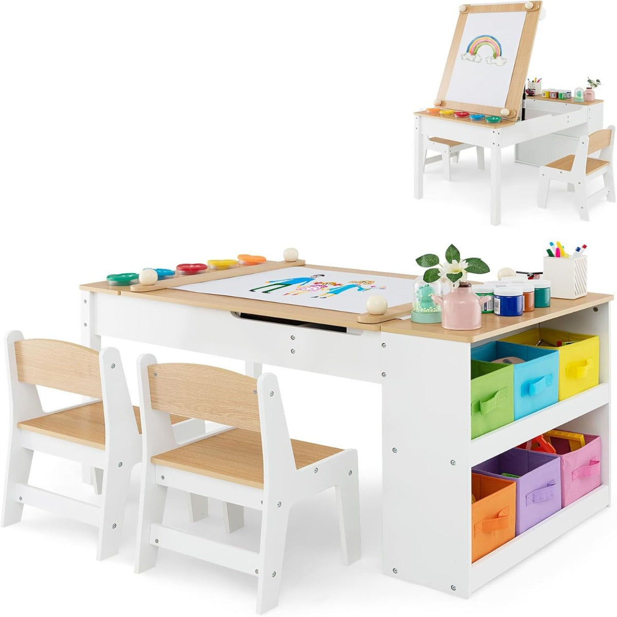 Conjunto de Mesa e 2 Cadeiras de Cavalete para Arte, Secretária de Desenho Ajustável para Crianças com Copos de Pintura e Rolo de Papel Natural