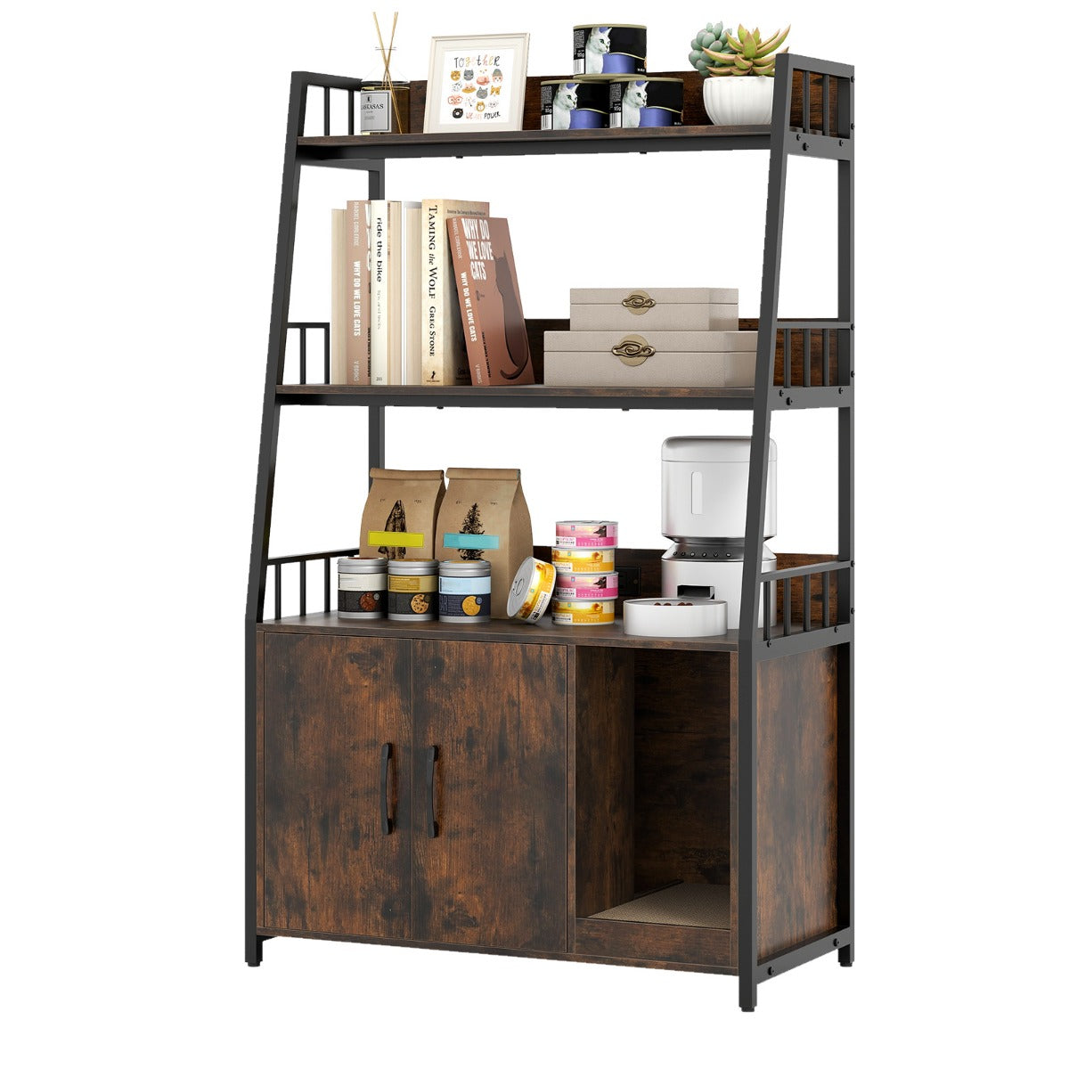 Móvel de Casa de Banho Oculto para Gatos Armário para Gatos com 2 Prateleiras de Arrumação Estação de Carregamento Integrada Castanho e Preto