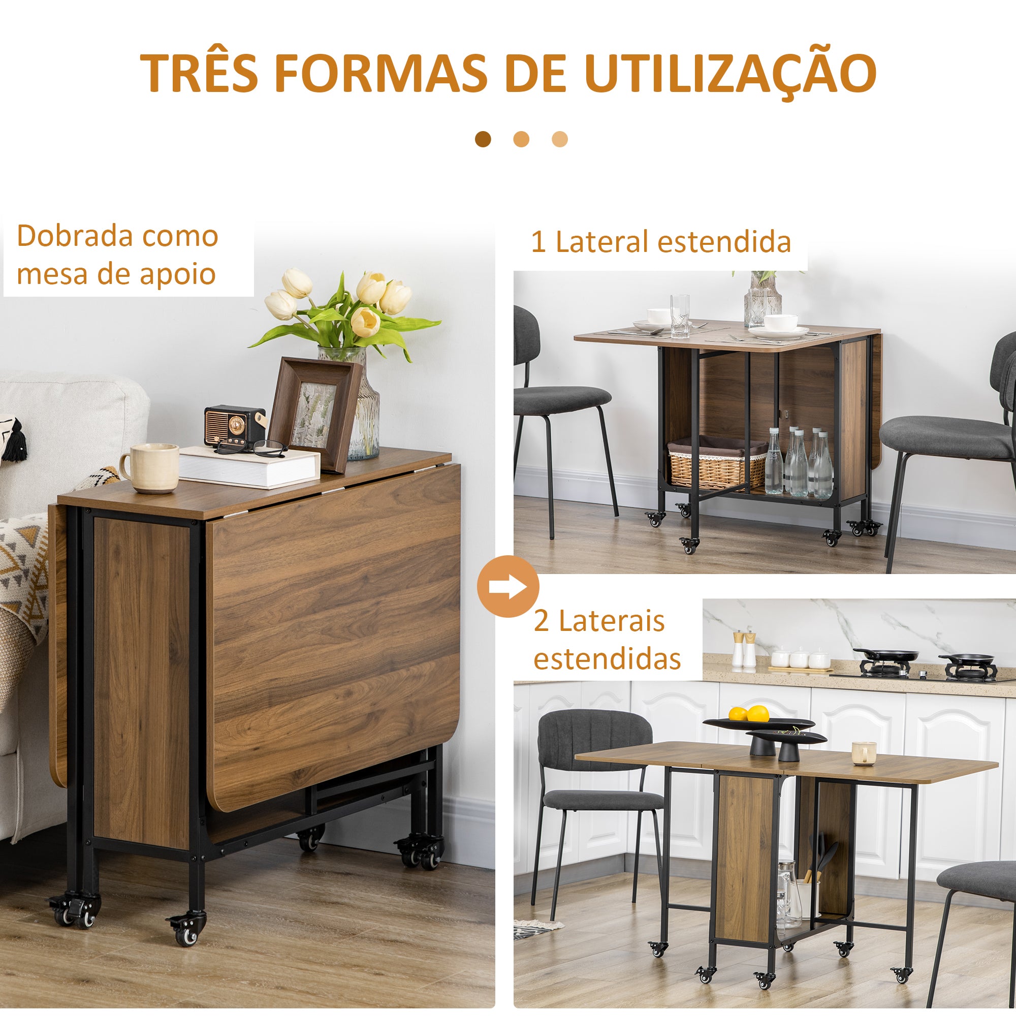 Mesa de Cozinha Dobrável – 130x80x74 cm – Cor Castanho Rústico – Melamina de Madeira e Metal