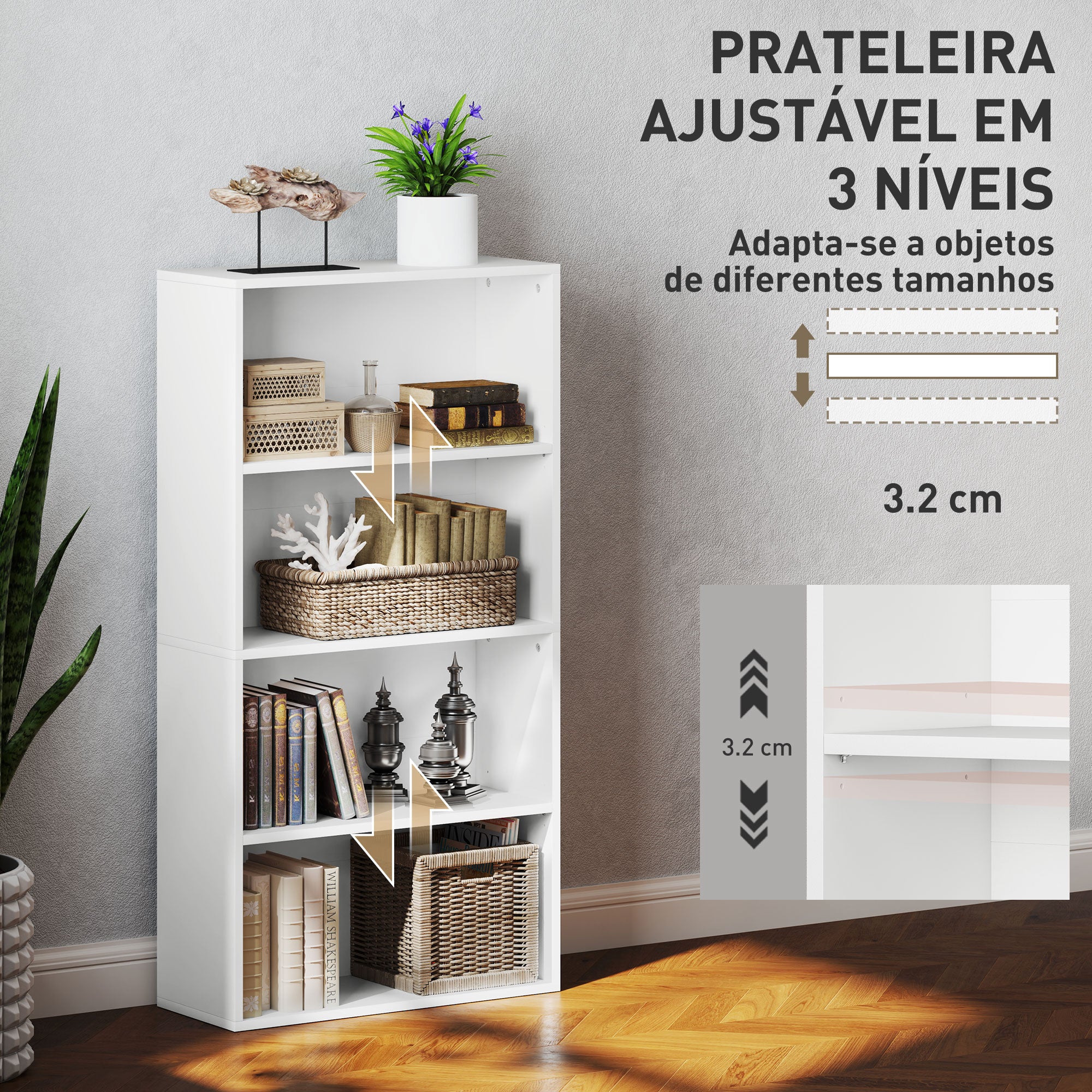 Estante de 4 Níveis Branca 60x24x115,5 cm para Organização de Livros e Decoração