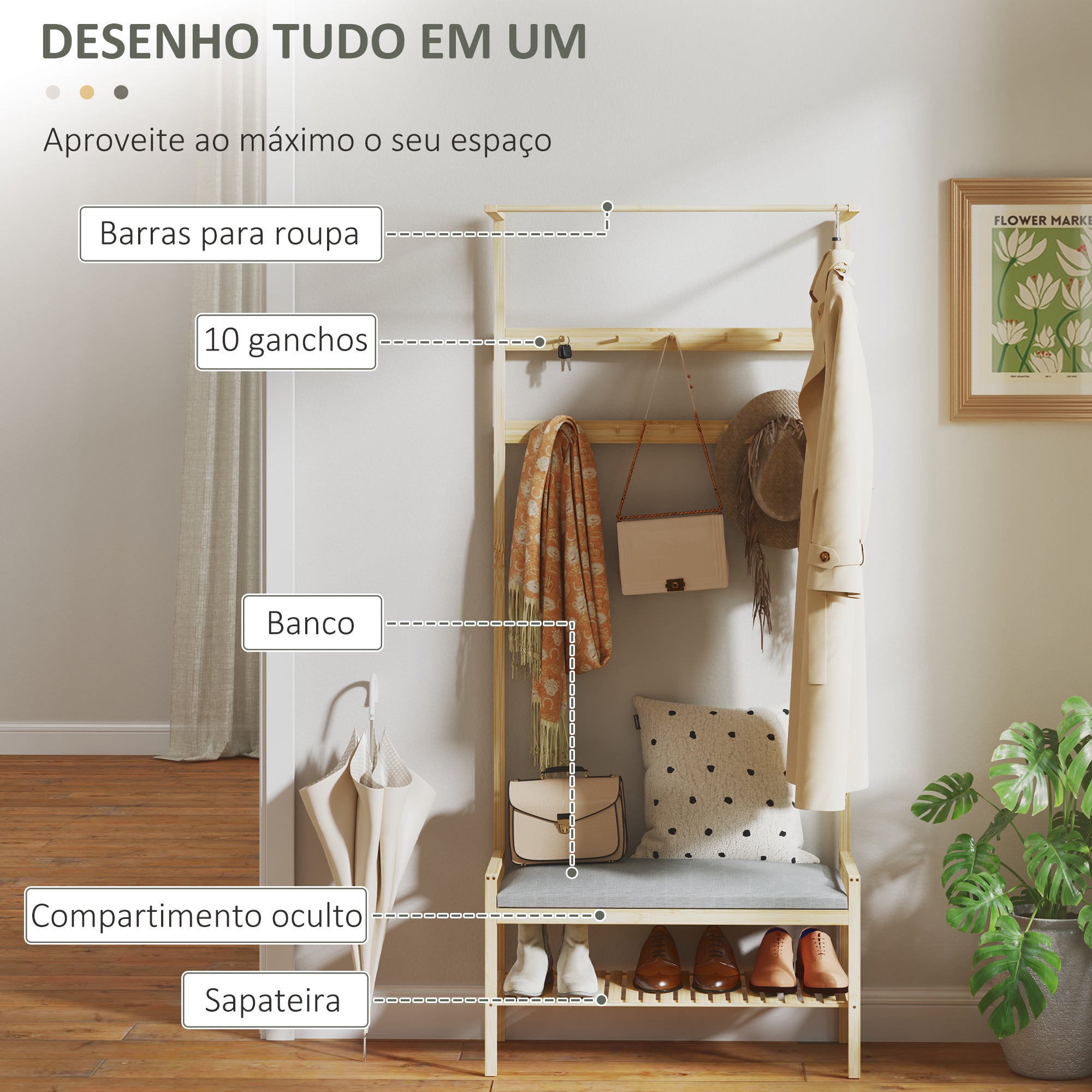 Móvel Cabide de Entrada com Sapateira 10 Ganchos 73,5x34x171 cm Madeira e Cinza