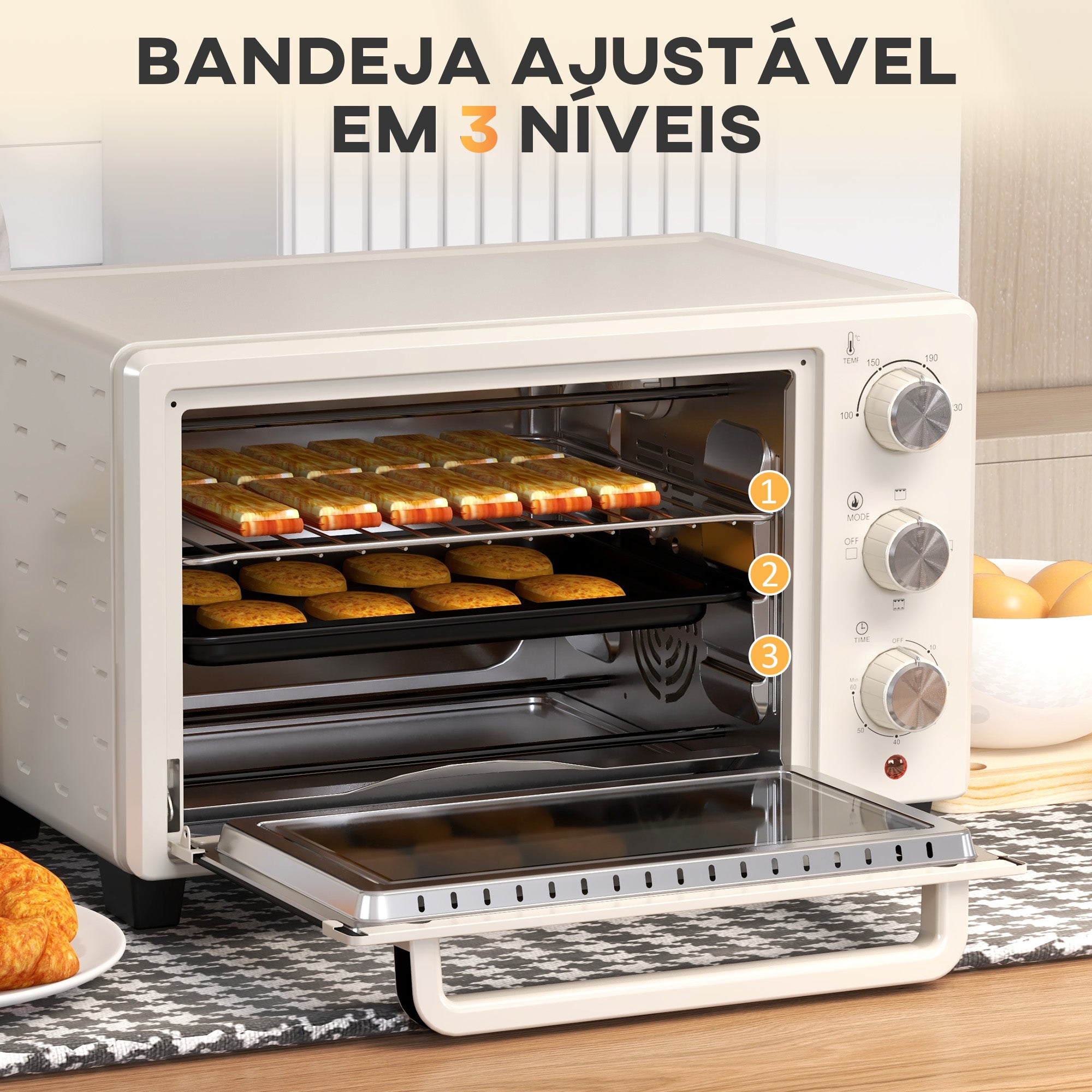 Forno Elétrico – 21L – Creme Branco – Metal e Vidro Temperado