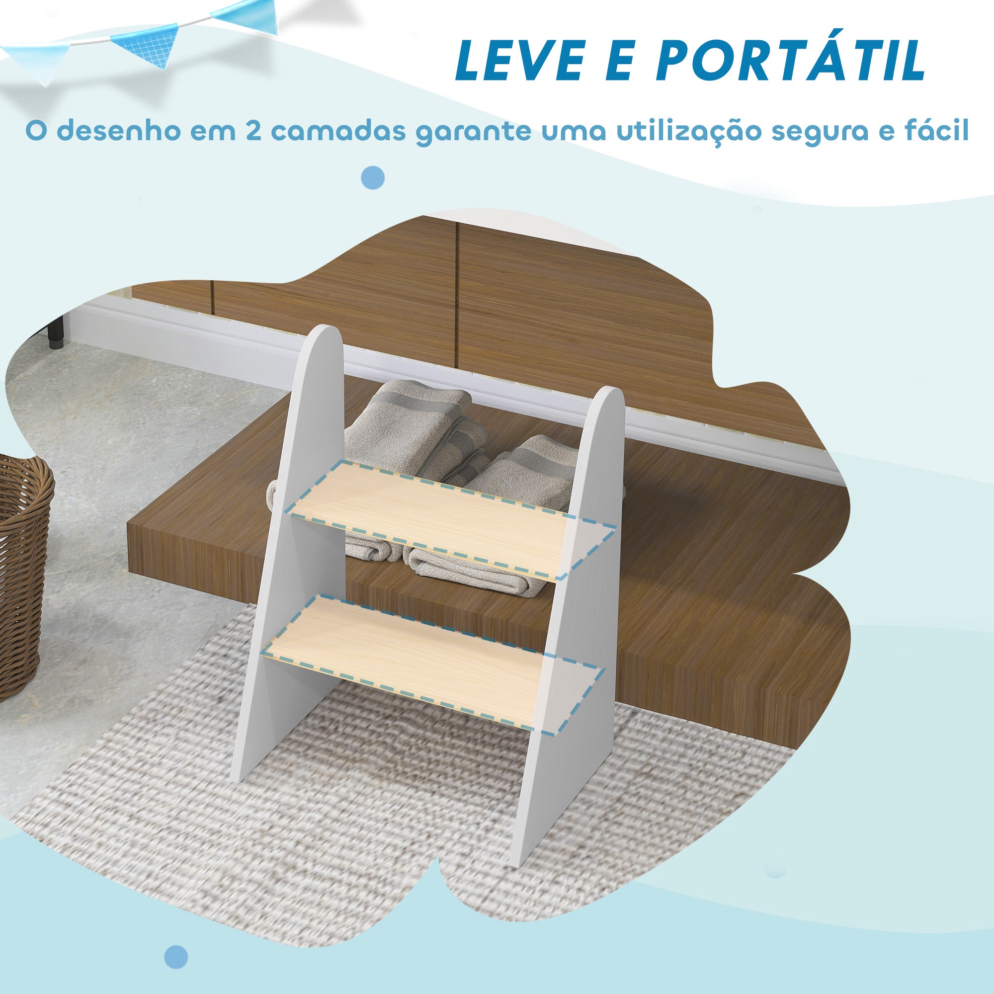 Banco Infantil 2 Degraus Torre de Aprendizagem para Casa de Banho e Cozinha - 43x30x55 cm Branco
