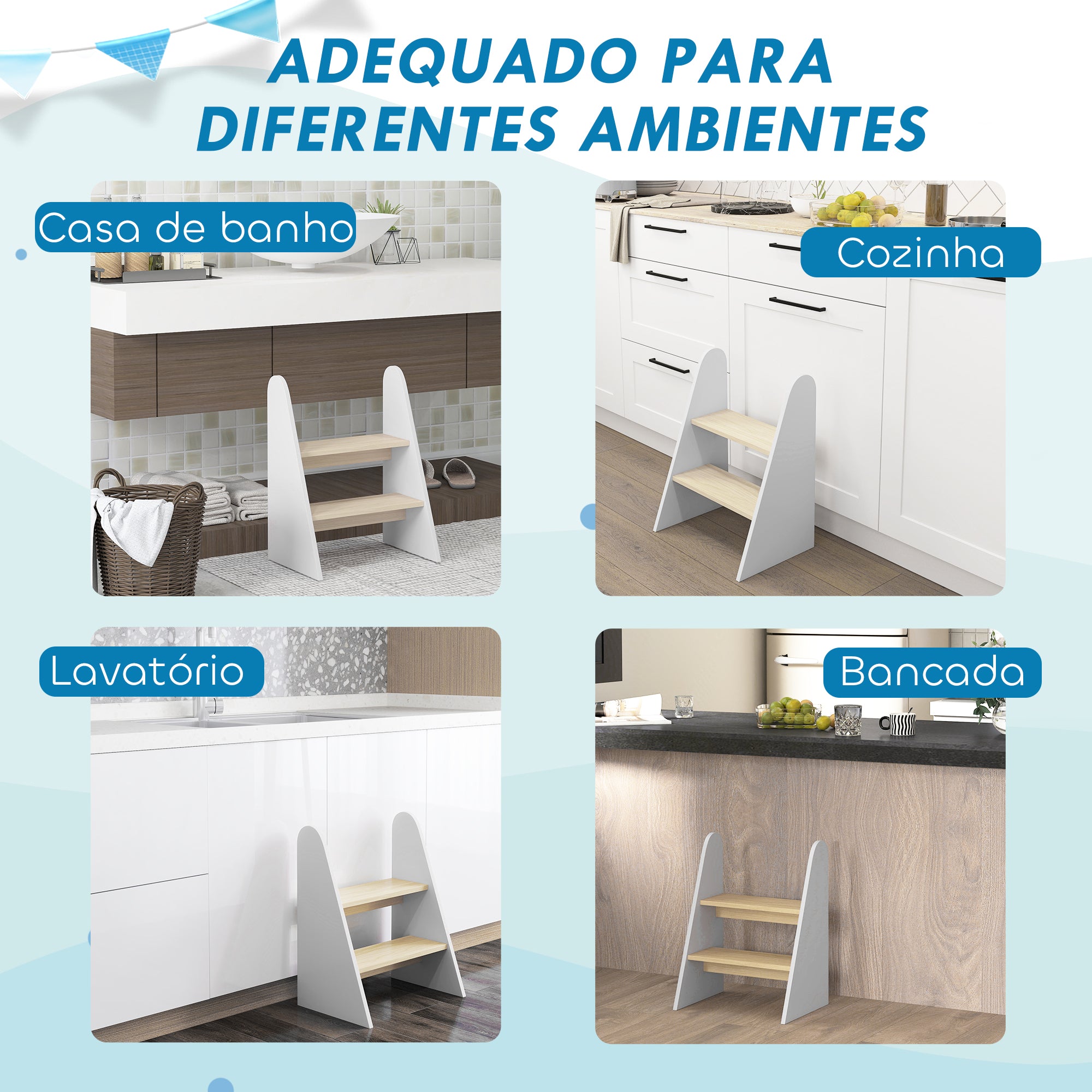Banco Infantil 2 Degraus Torre de Aprendizagem para Casa de Banho e Cozinha - 43x30x55 cm Branco