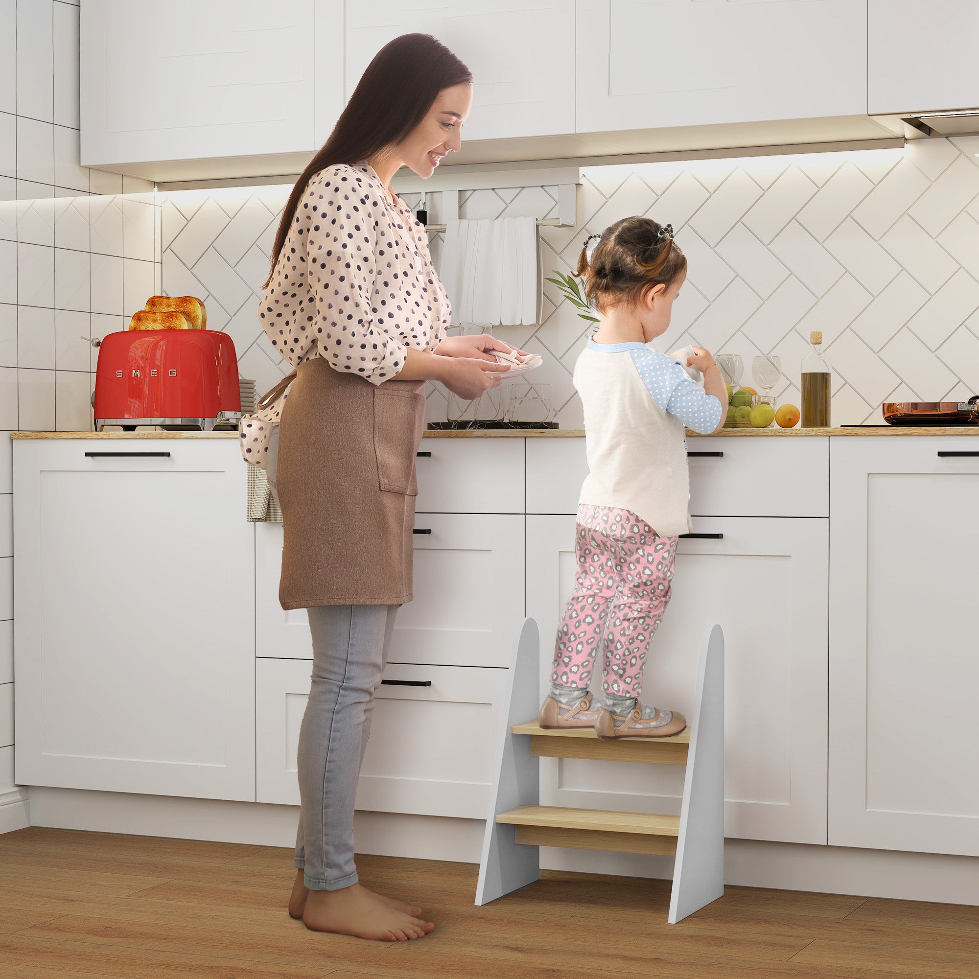 Banco Infantil 2 Degraus Torre de Aprendizagem para Casa de Banho e Cozinha - 43x30x55 cm Branco