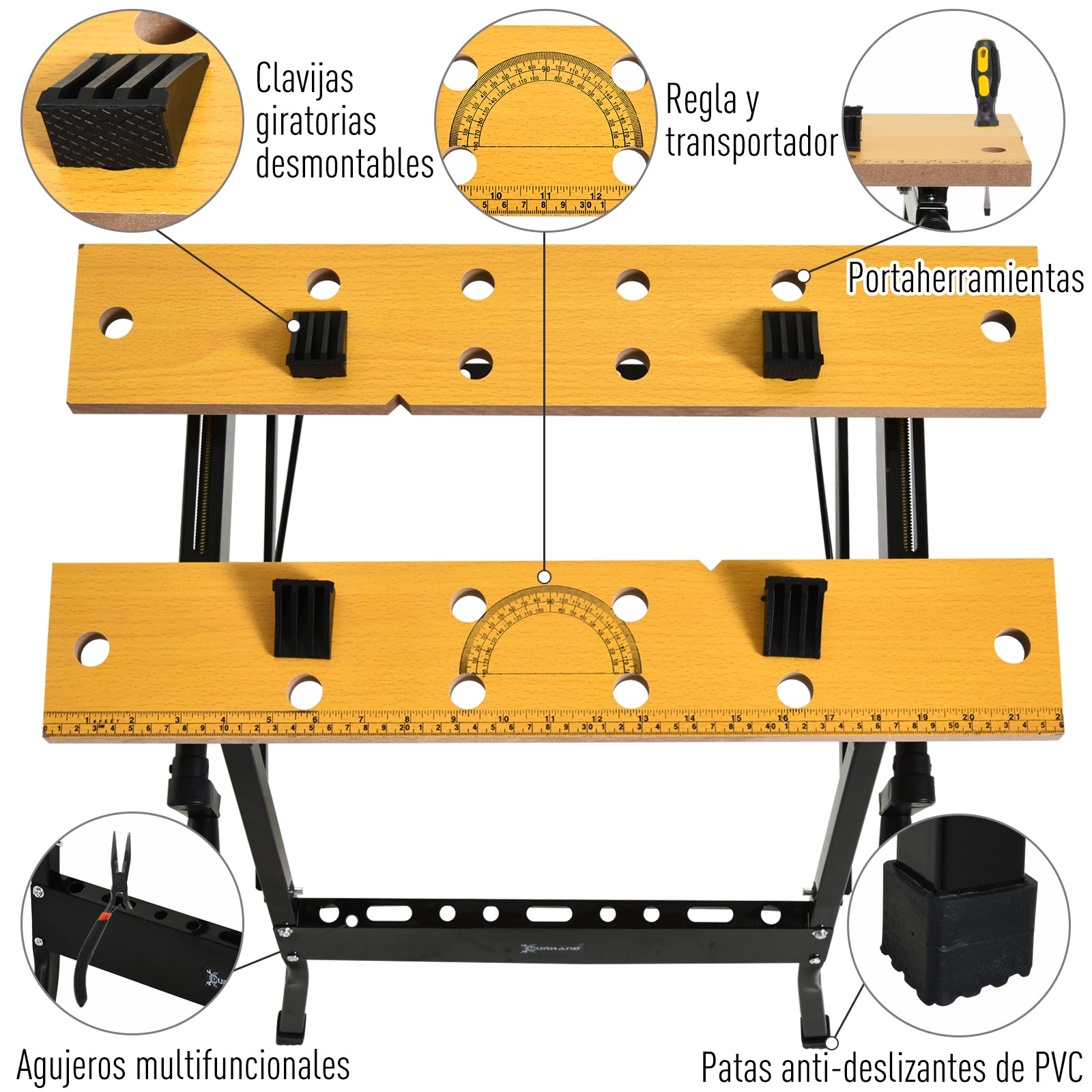 Mesa de Trabalho Dobrável e Portátil – 60,5x62,5x78,5cm – Cor de Madeira e Preto – Aço e MDF
