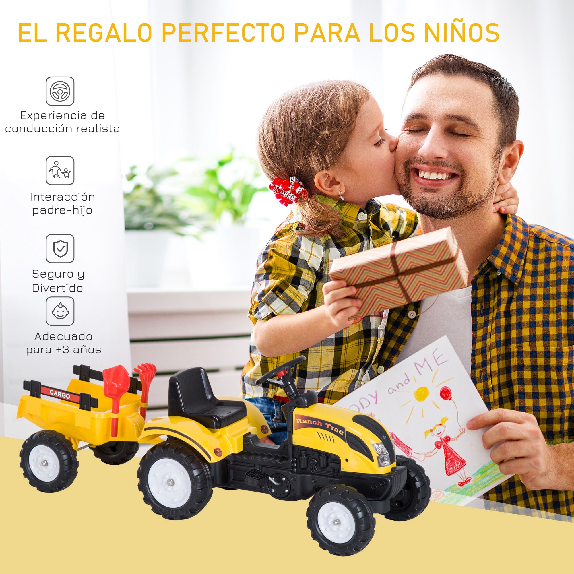 Trator de Pedais para Crianças Amarillo 133x42x51 cm