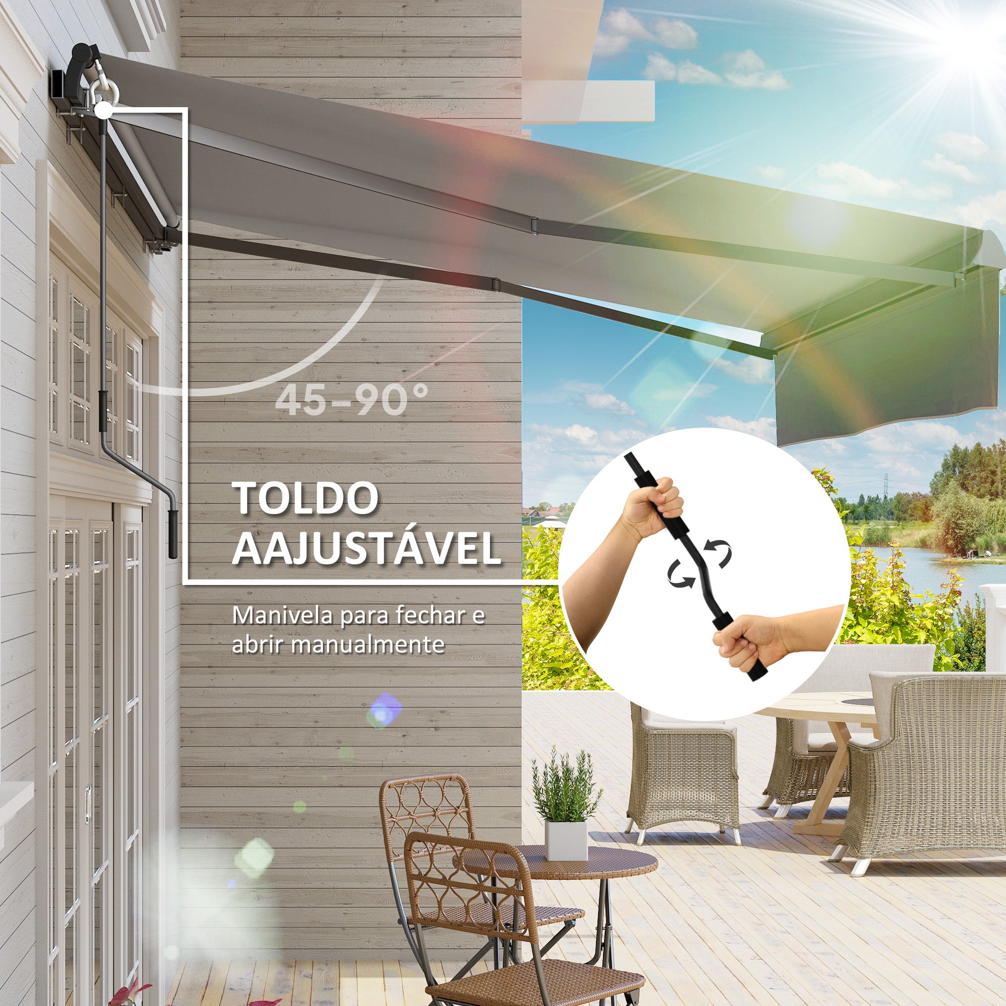 Toldo Retrátil Manual 295x200 cm Cinzento - Proteção UV