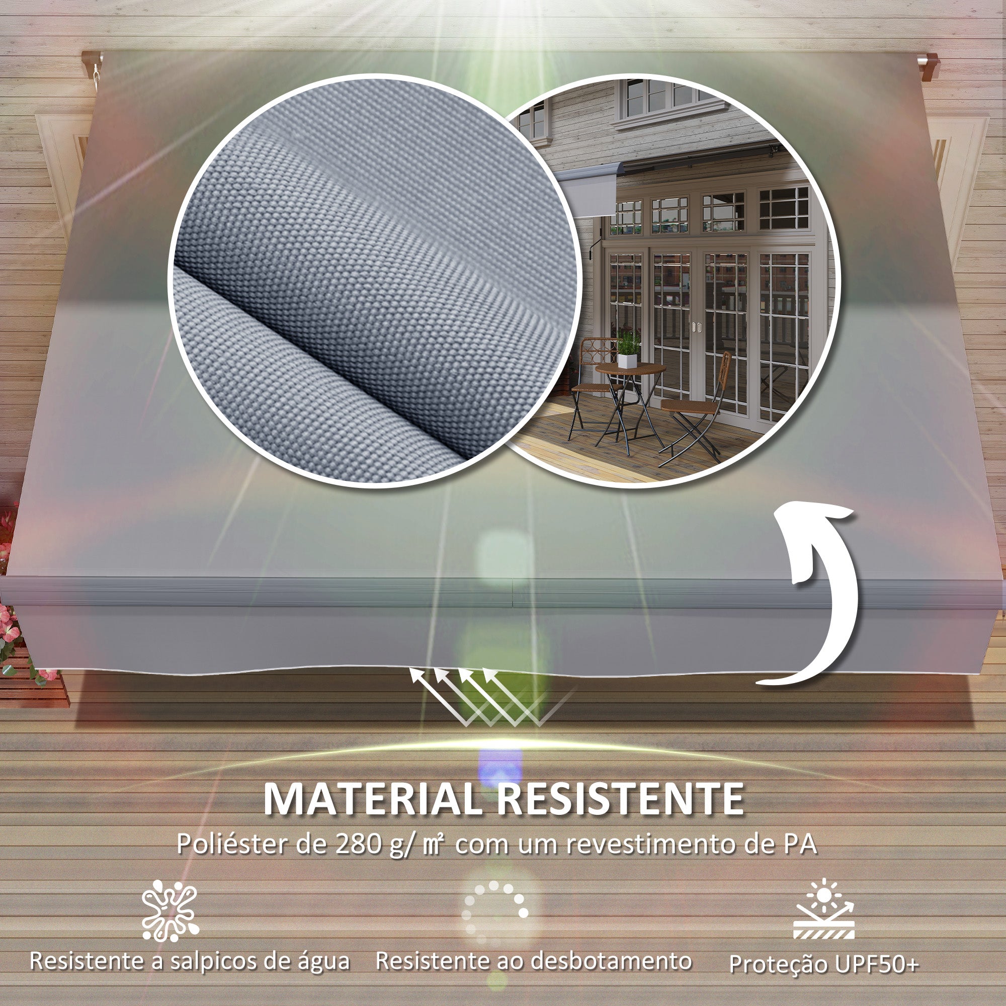 Toldo Retrátil Manual 295x200 cm Cinzento - Proteção UV