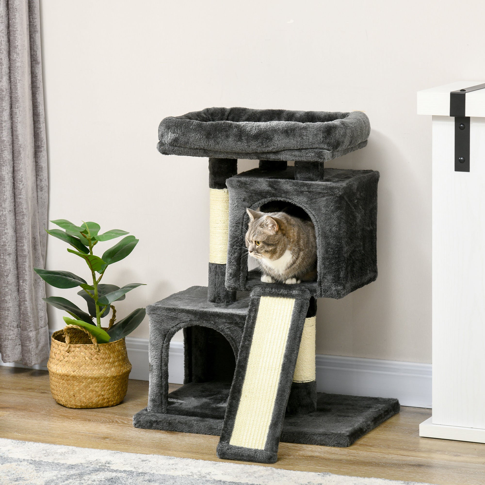 Arranhador para Gatos com Postes e Placa de Arranhar em Sisal Cinza Escuro 59x39x83 cm
