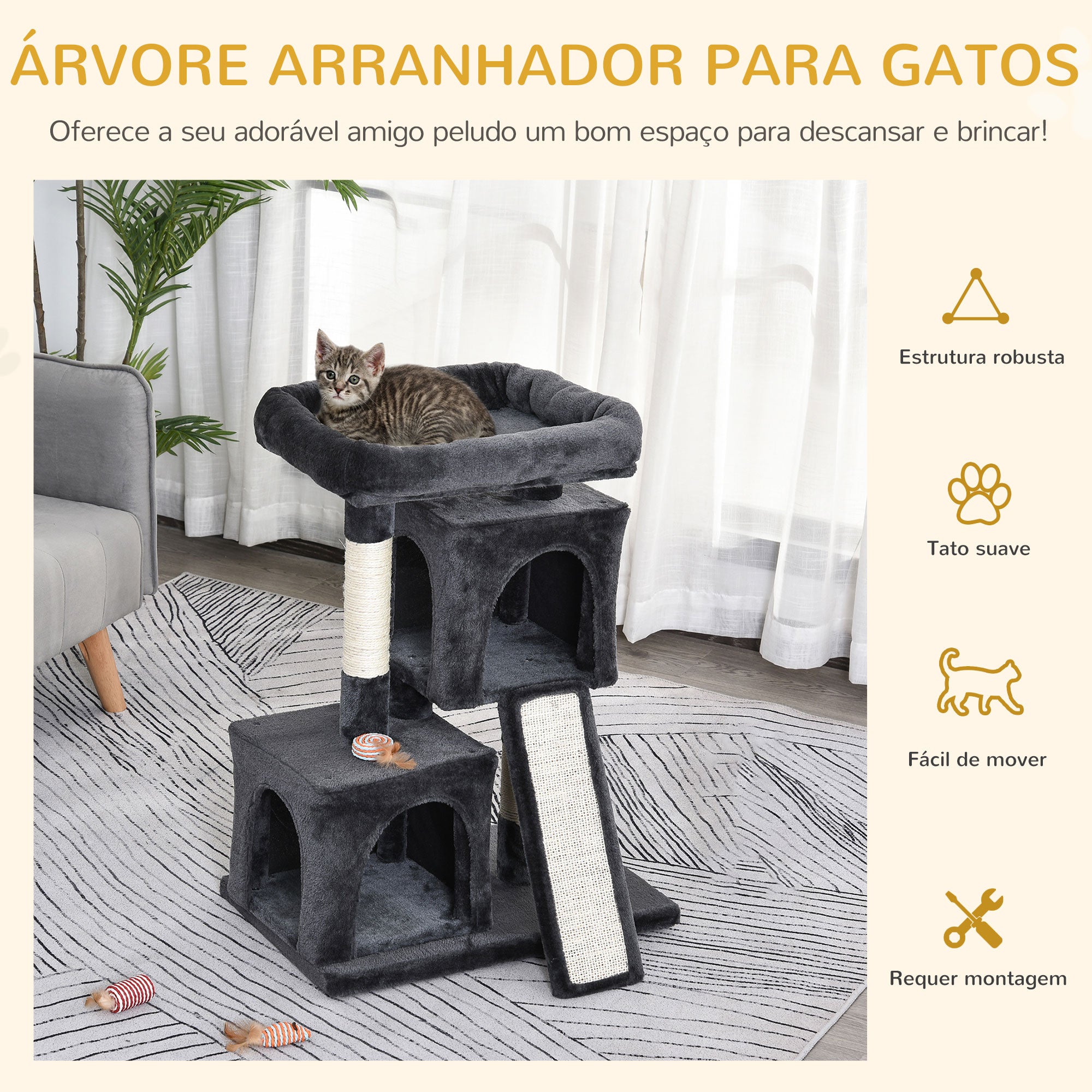 Arranhador para Gatos com Postes e Placa de Arranhar em Sisal Cinza Escuro 59x39x83 cm