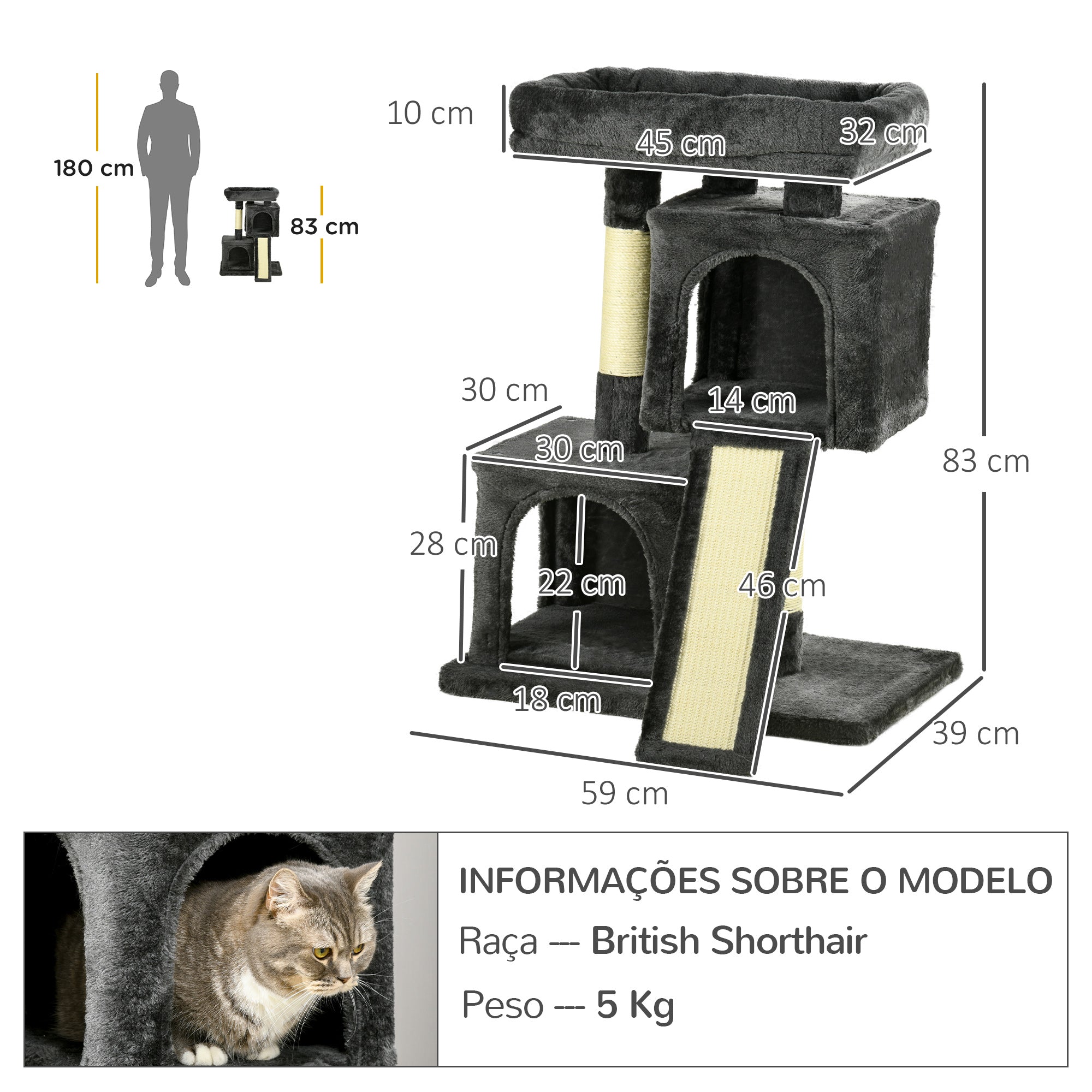 Arranhador para Gatos com Postes e Placa de Arranhar em Sisal Cinza Escuro 59x39x83 cm