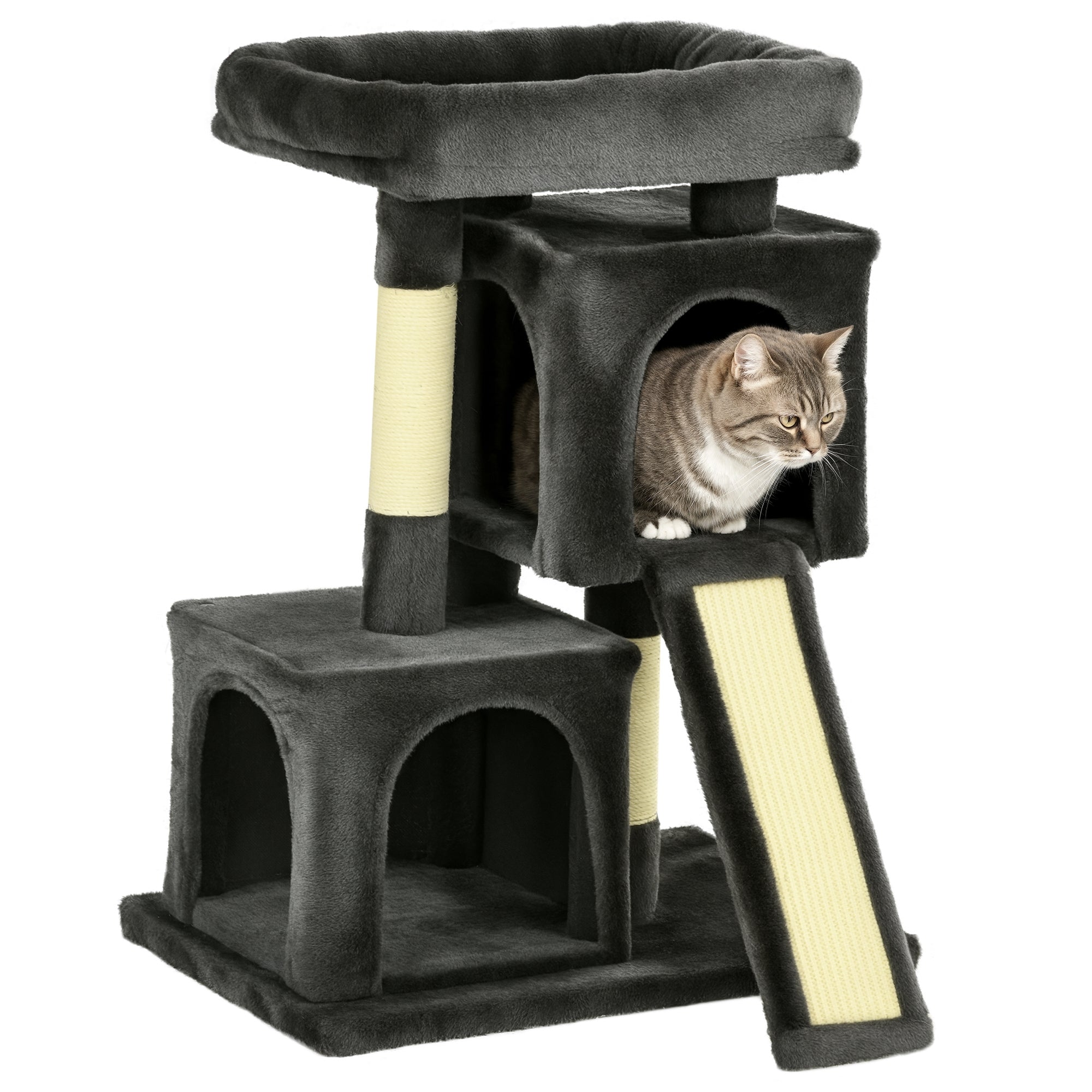 Arranhador para Gatos com Postes e Placa de Arranhar em Sisal Cinza Escuro 59x39x83 cm