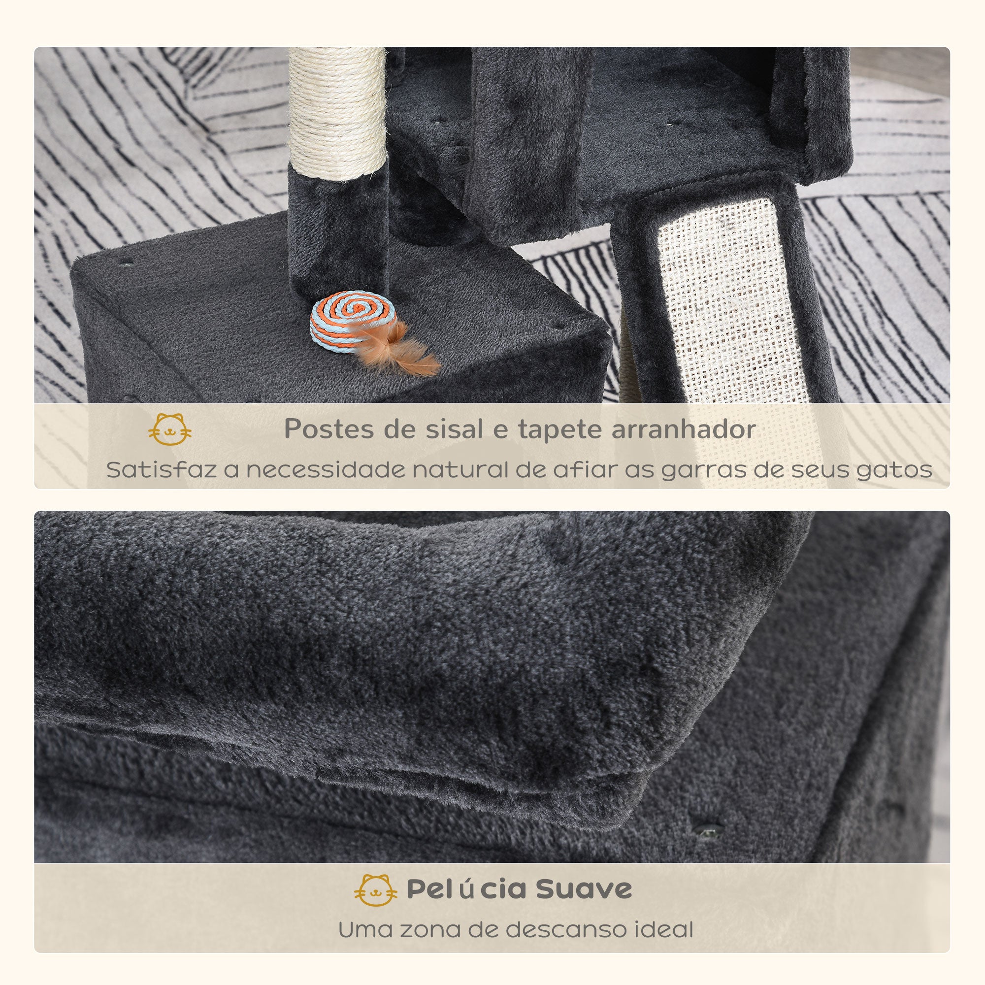 Arranhador para Gatos com Postes e Placa de Arranhar em Sisal Cinza Escuro 59x39x83 cm