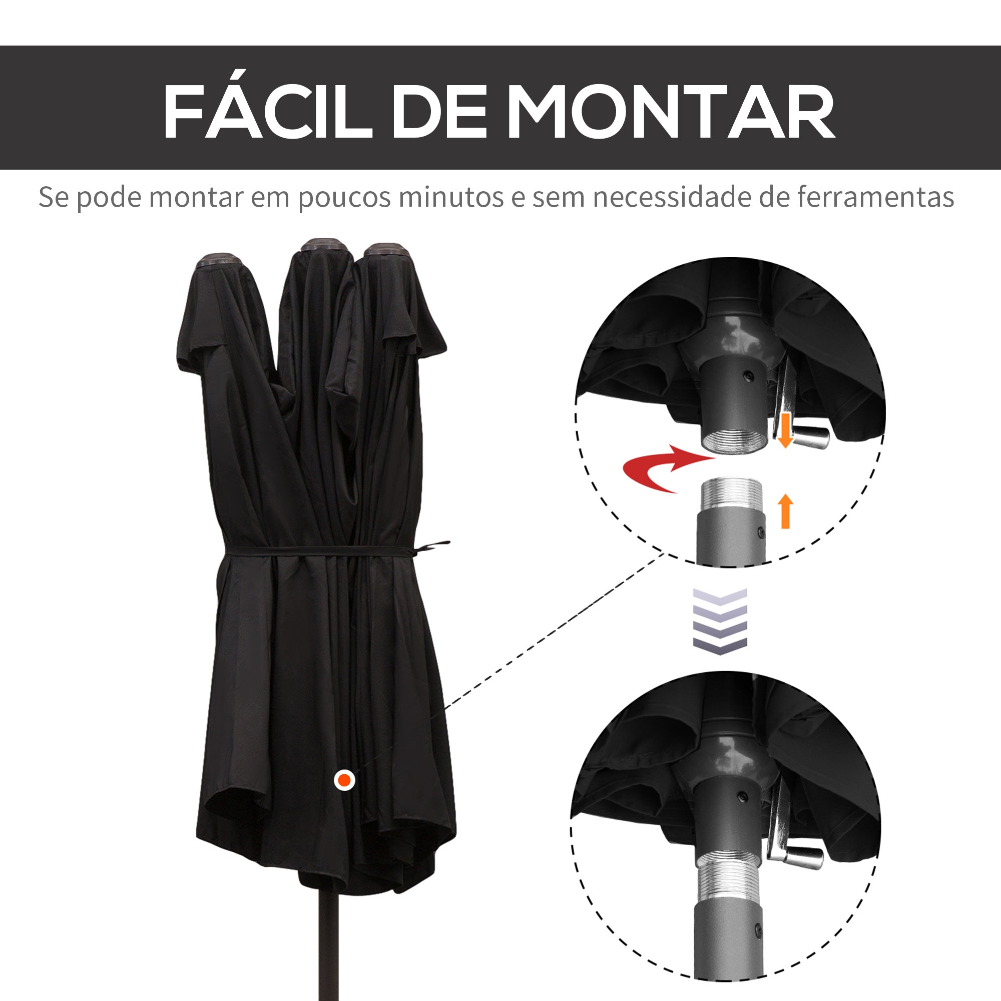 Chapéu de Sol Duplo - 455x265x238 cm - Preto - Poliéster e Aço