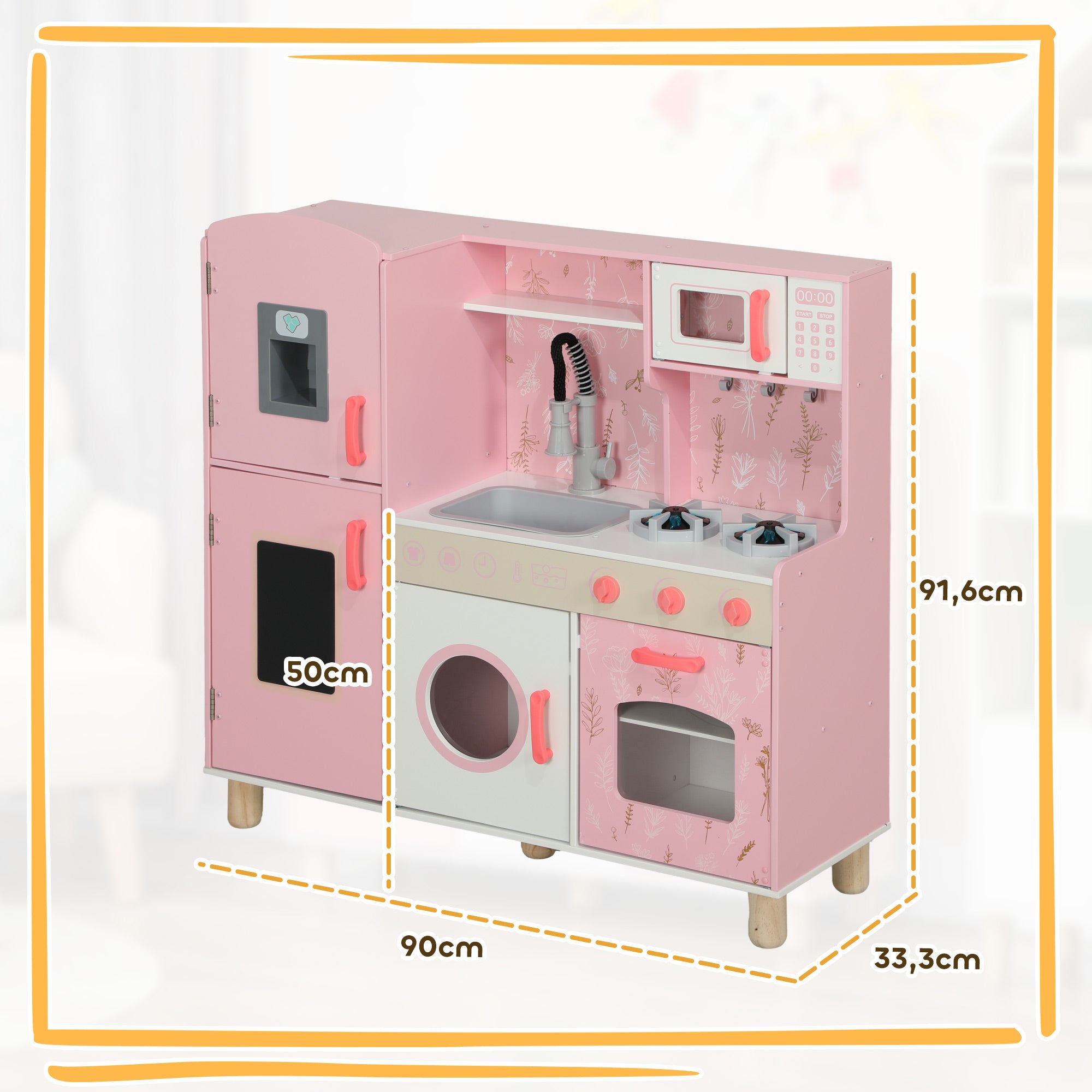 Cozinha Infantil Rosa 90x33,3x91,6 cm para Crianças acima de 3 Anos