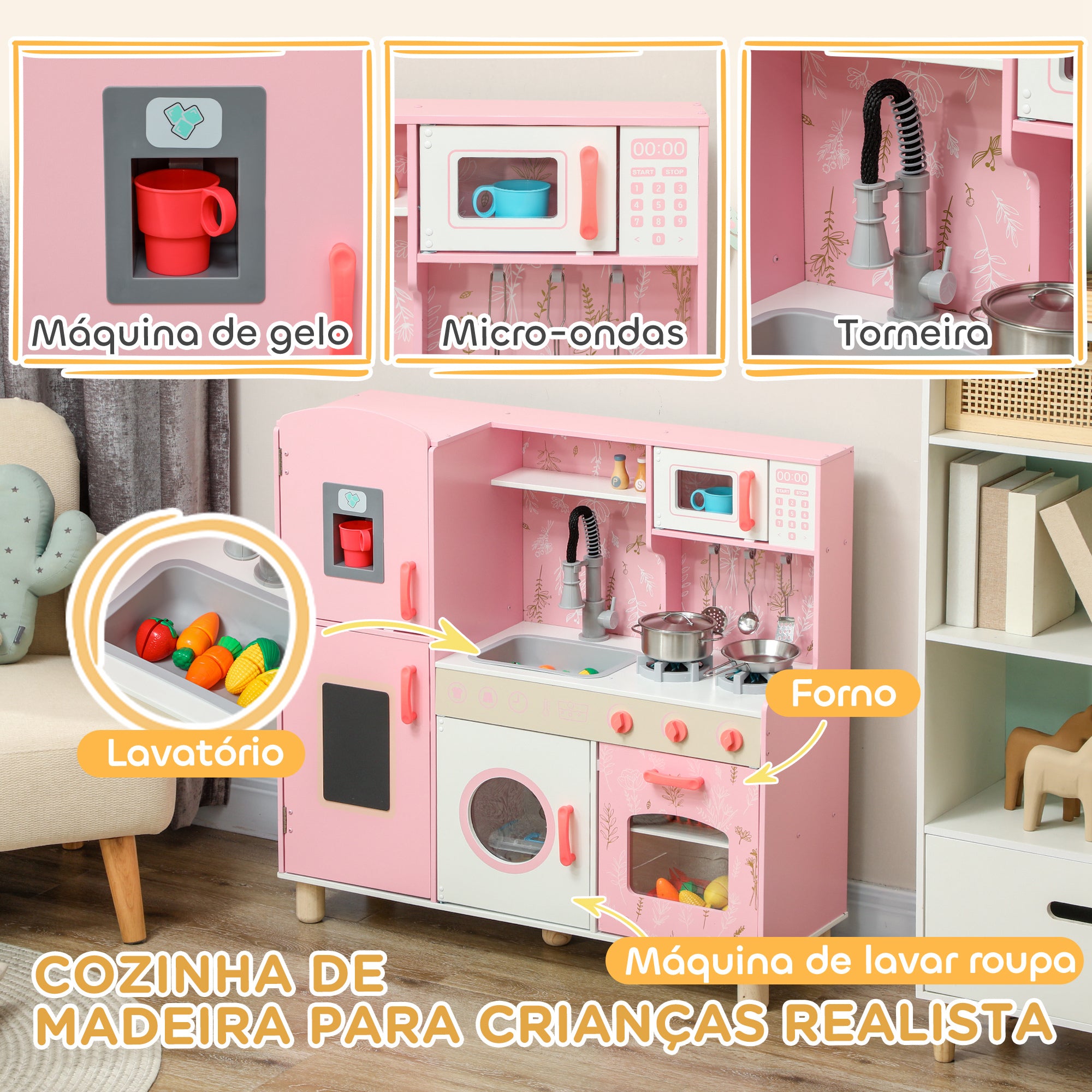 Cozinha Infantil Rosa 90x33,3x91,6 cm para Crianças acima de 3 Anos