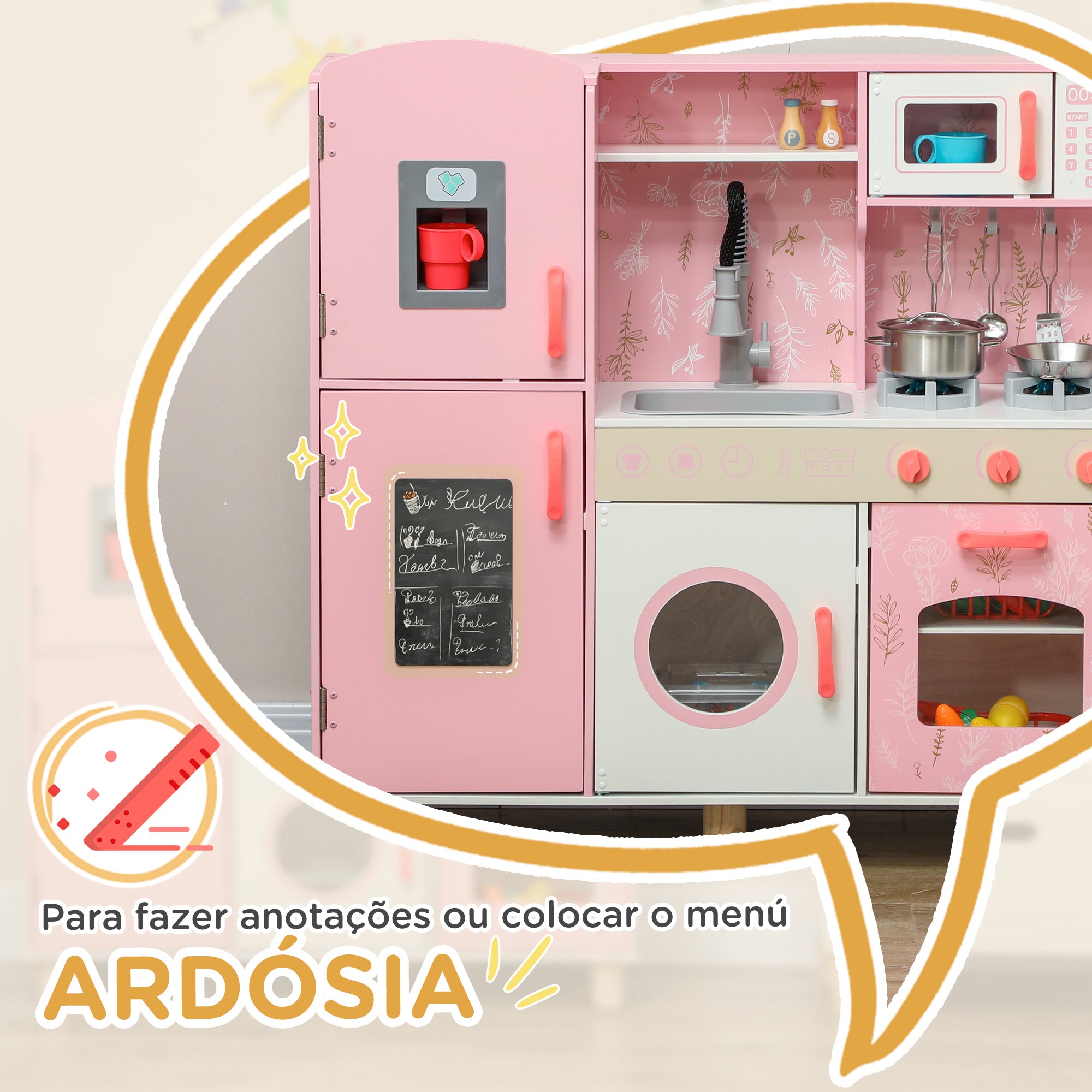 Cozinha Infantil Rosa 90x33,3x91,6 cm para Crianças acima de 3 Anos