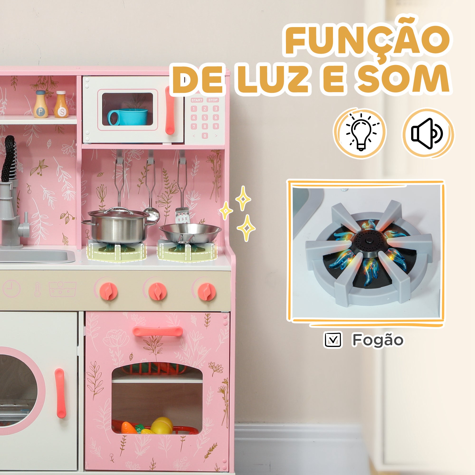 Cozinha Infantil Rosa 90x33,3x91,6 cm para Crianças acima de 3 Anos