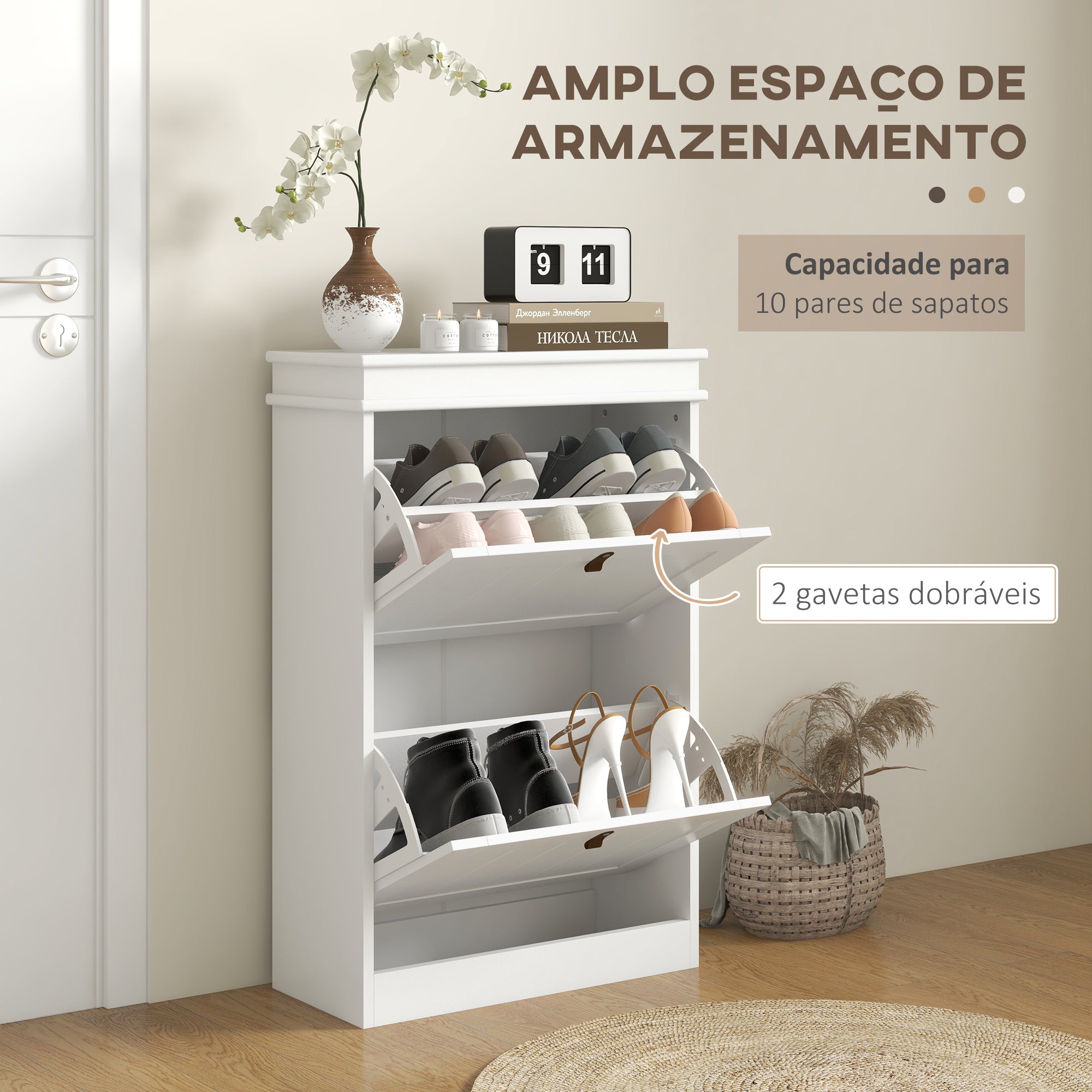 Sapateira Estreita Branca com 2 Portas e Prateleira Ajustável 54x24x82,5 cm