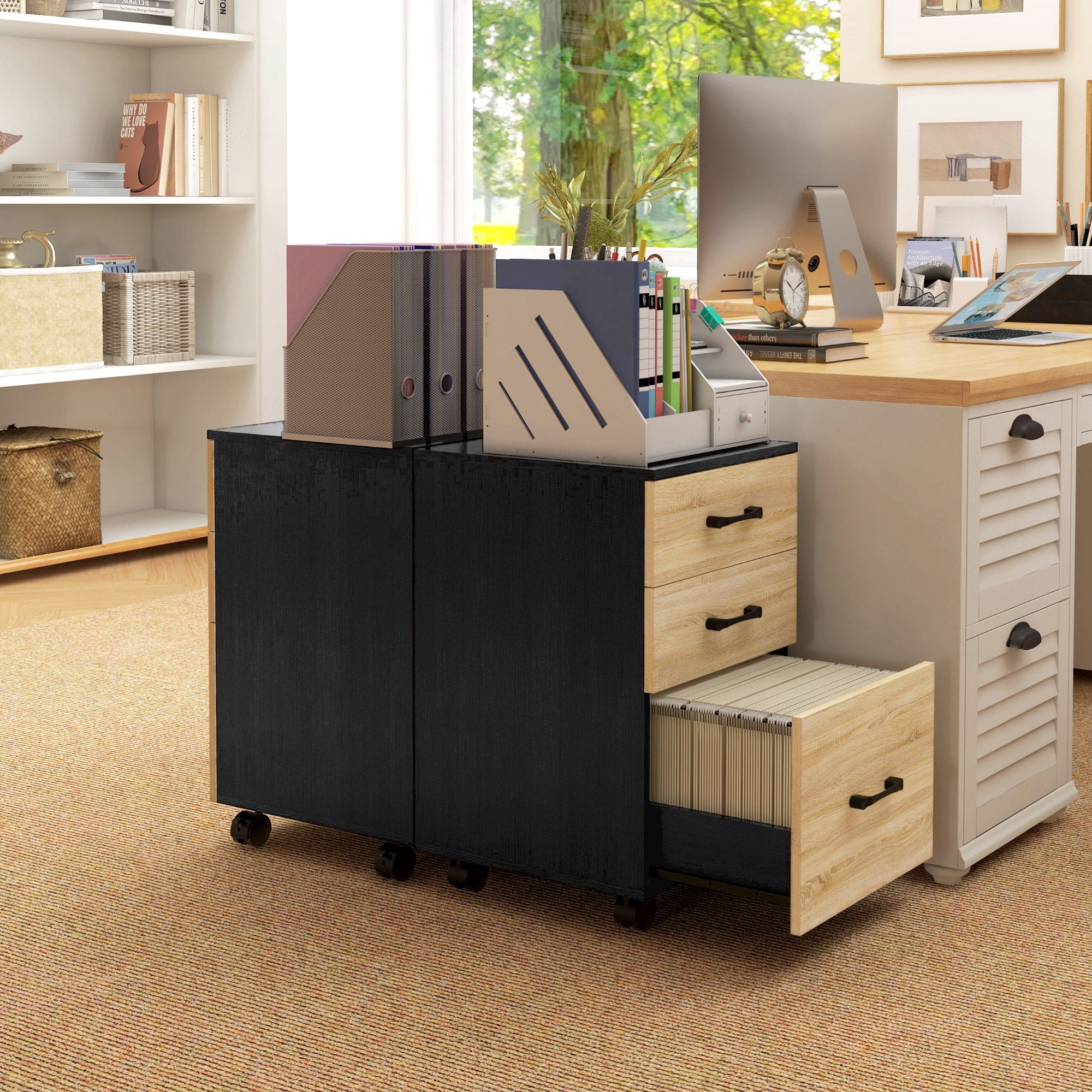Bloco de Gavetas de Escritório Móvel - 40x42x65 cm - Carvalho e Preto