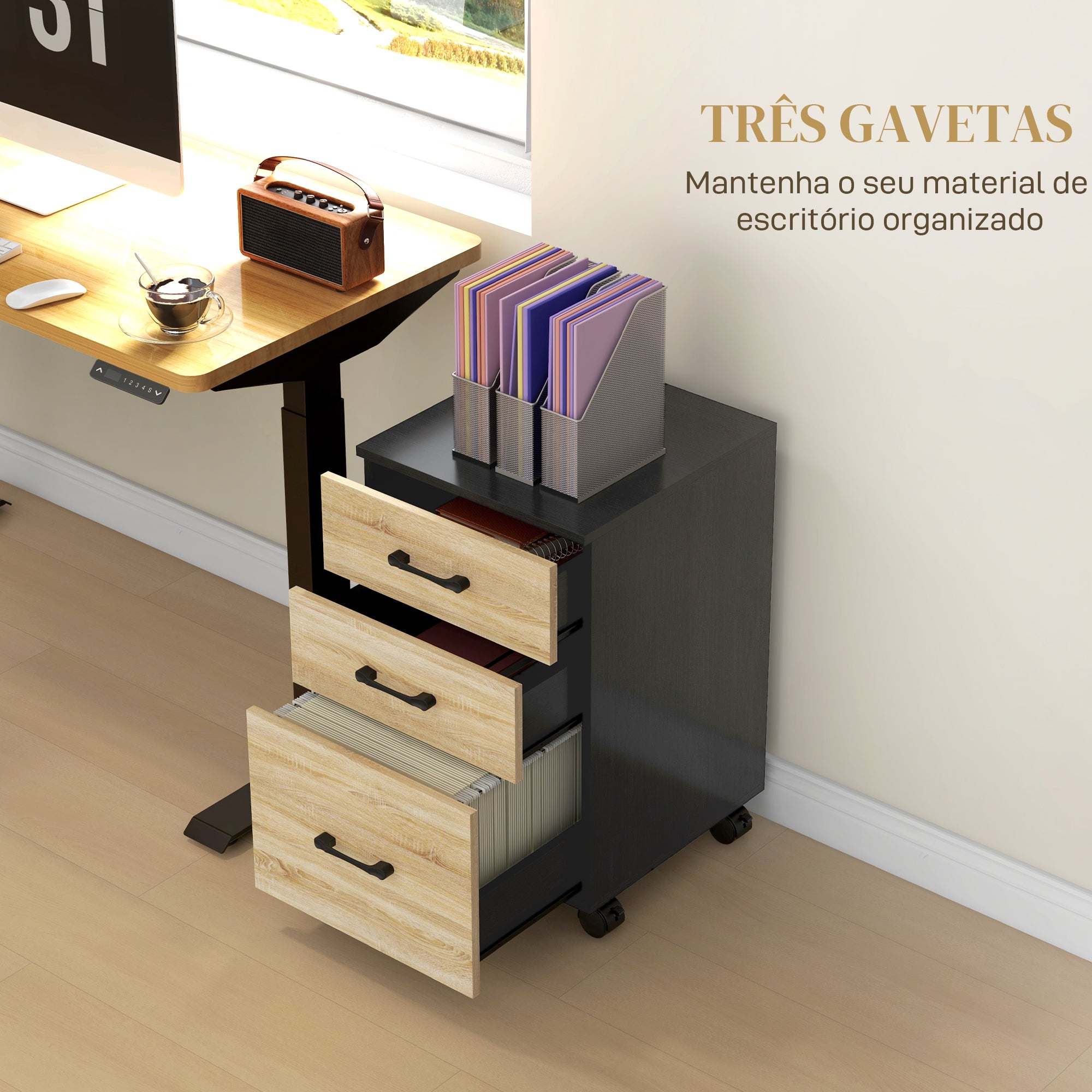 Bloco de Gavetas de Escritório Móvel - 40x42x65 cm - Carvalho e Preto