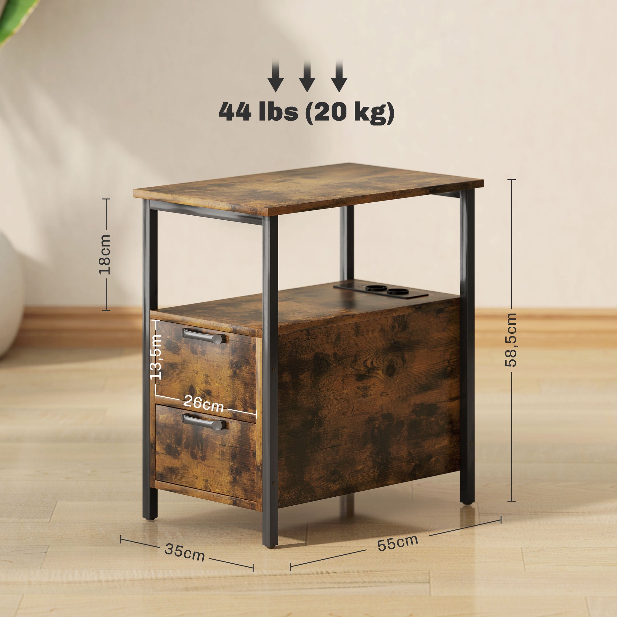 Mesa Auxiliar com Estação de Carga e 2 Gavetas – 55x35x58,5 cm – Castanho Rústico – Melamina de madeira e metal