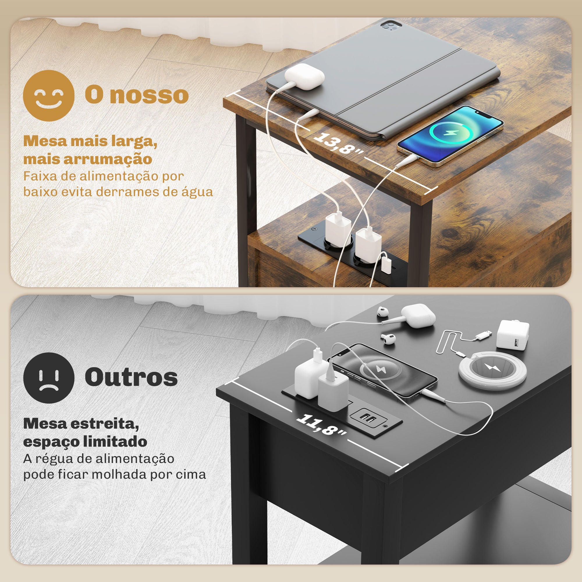 Mesa Auxiliar com Estação de Carga e 2 Gavetas – 55x35x58,5 cm – Castanho Rústico – Melamina de madeira e metal