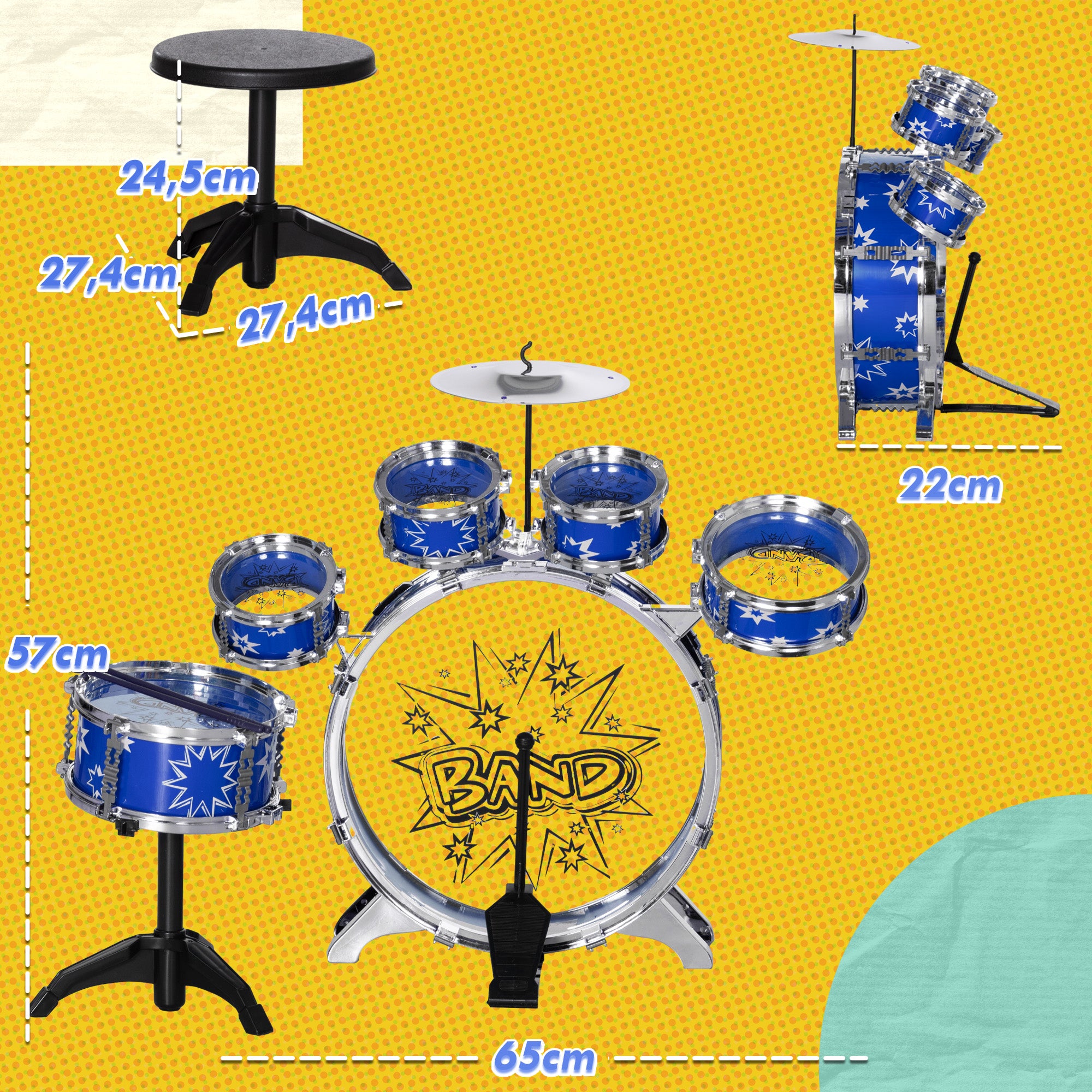 Bateria Infantil com Banco para Crianças acima de 3 Anos 65x22x57 cm Azul