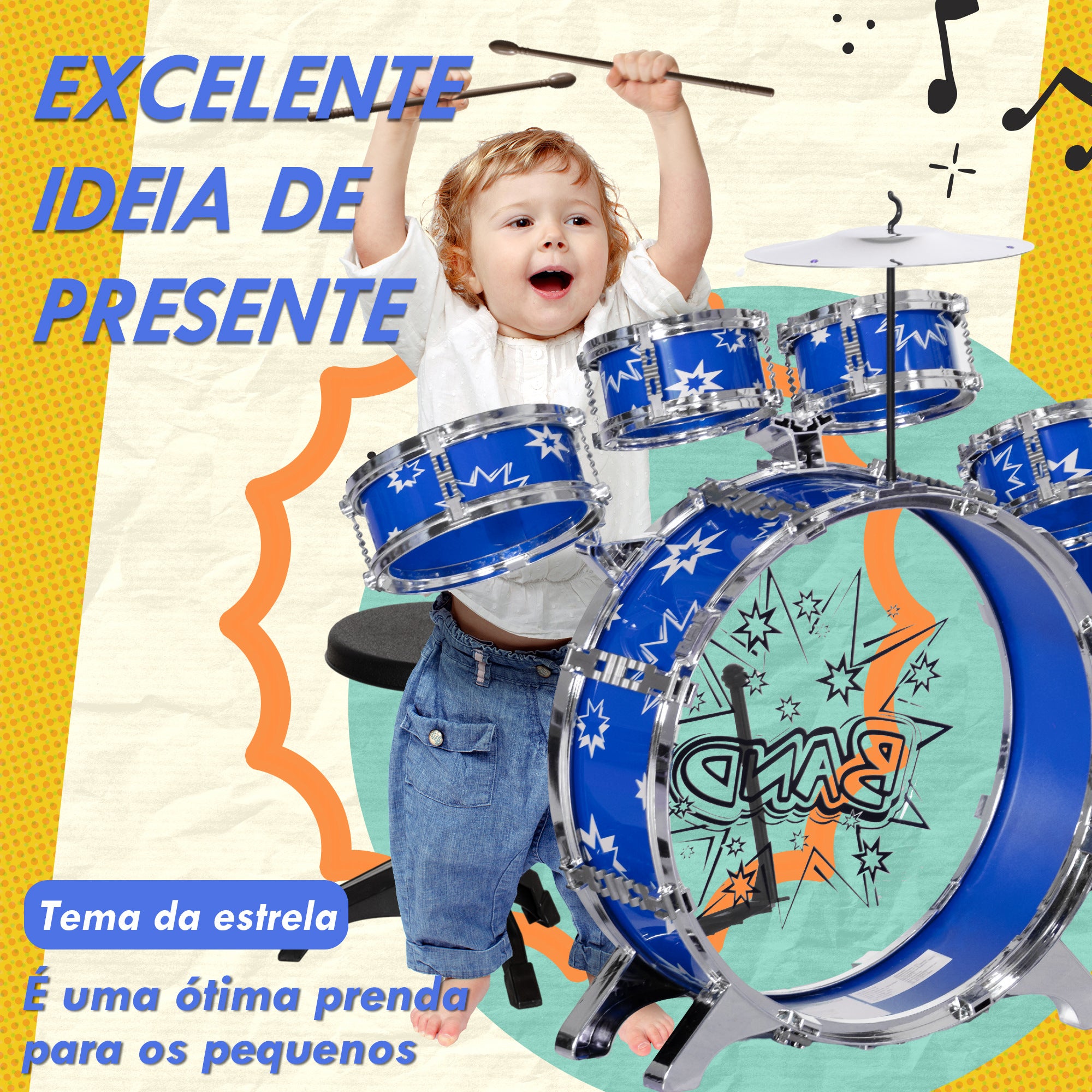 Bateria Infantil com Banco para Crianças acima de 3 Anos 65x22x57 cm Azul