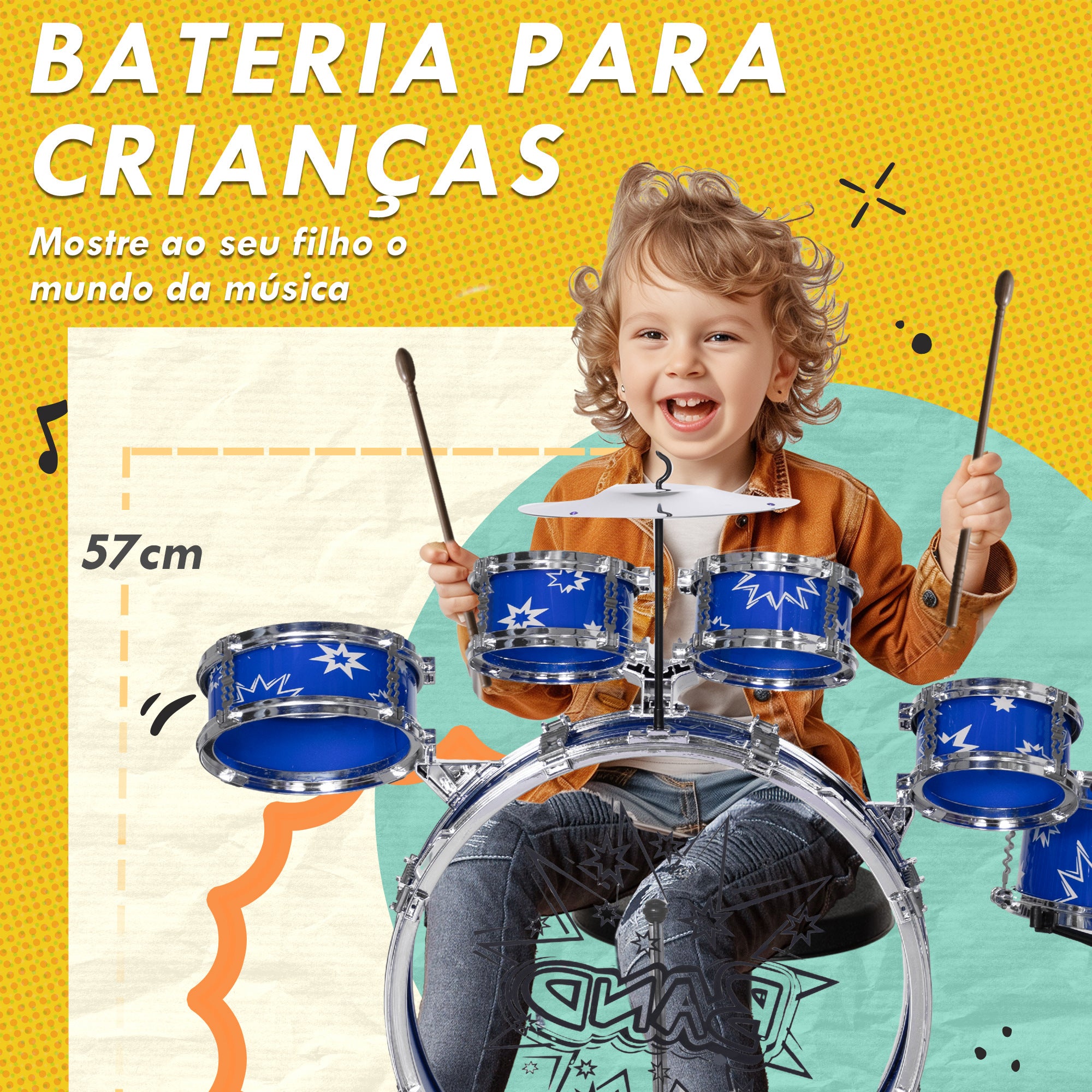 Bateria Infantil com Banco para Crianças acima de 3 Anos 65x22x57 cm Azul