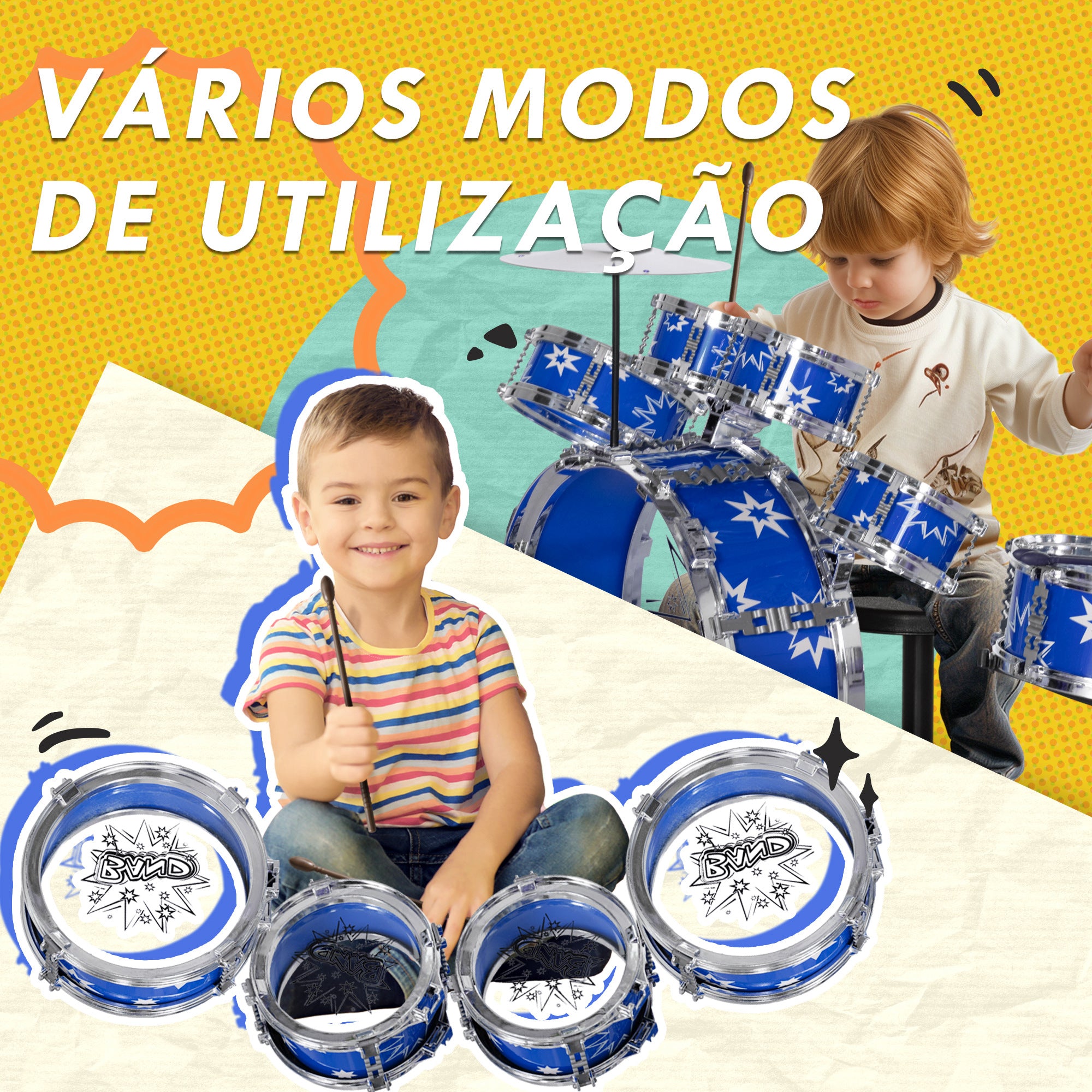 Bateria Infantil com Banco para Crianças acima de 3 Anos 65x22x57 cm Azul