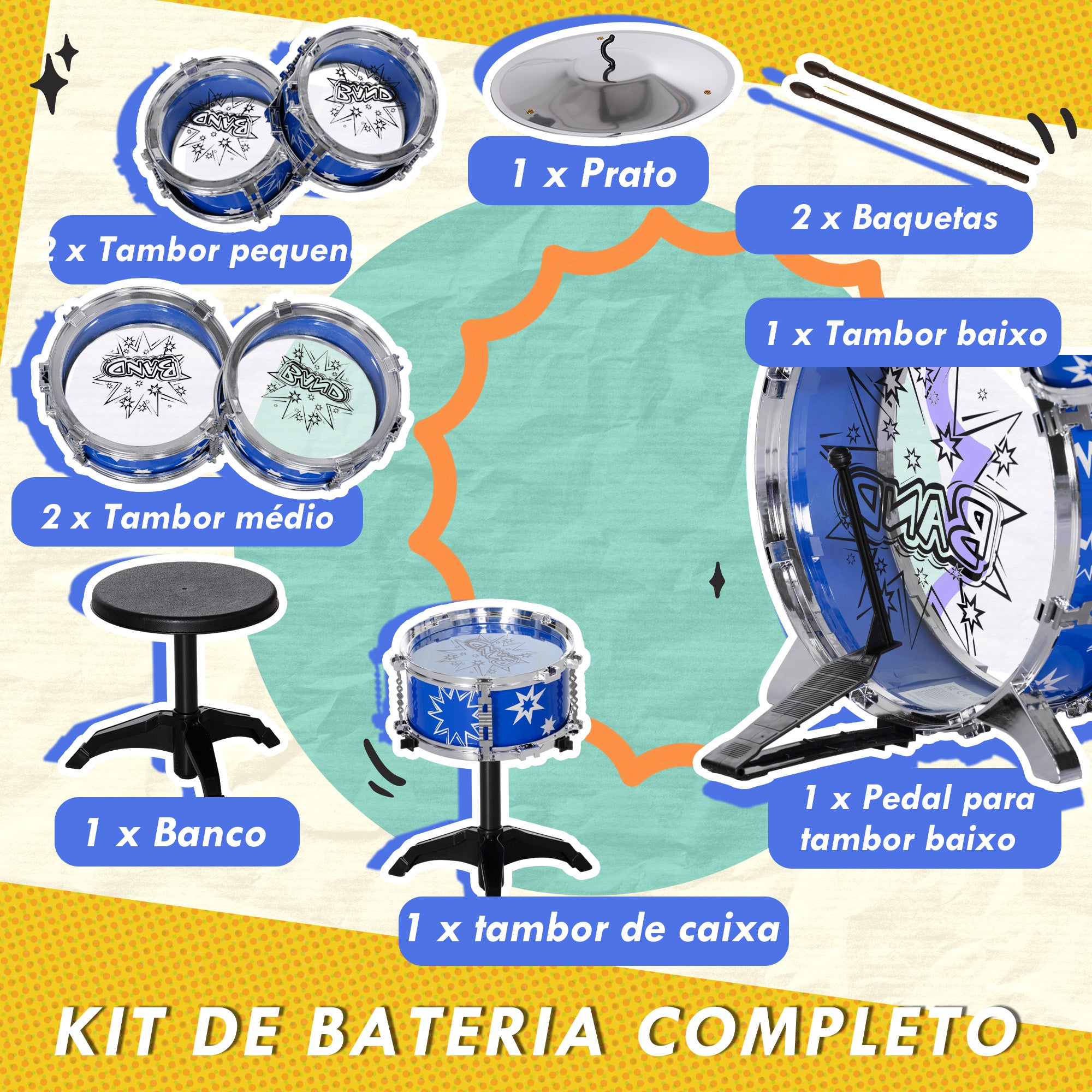 Bateria Infantil com Banco para Crianças acima de 3 Anos 65x22x57 cm Azul
