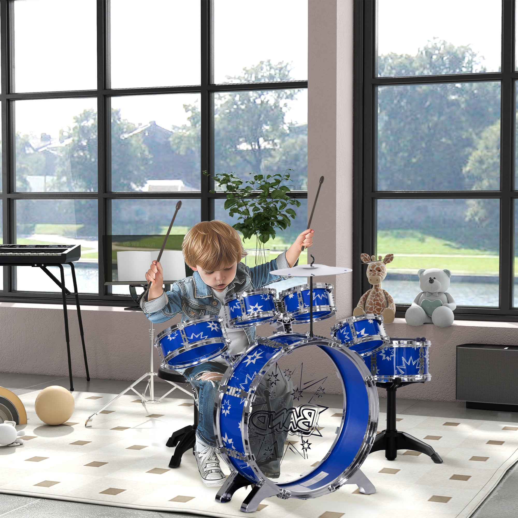 Bateria Infantil com Banco para Crianças acima de 3 Anos 65x22x57 cm Azul