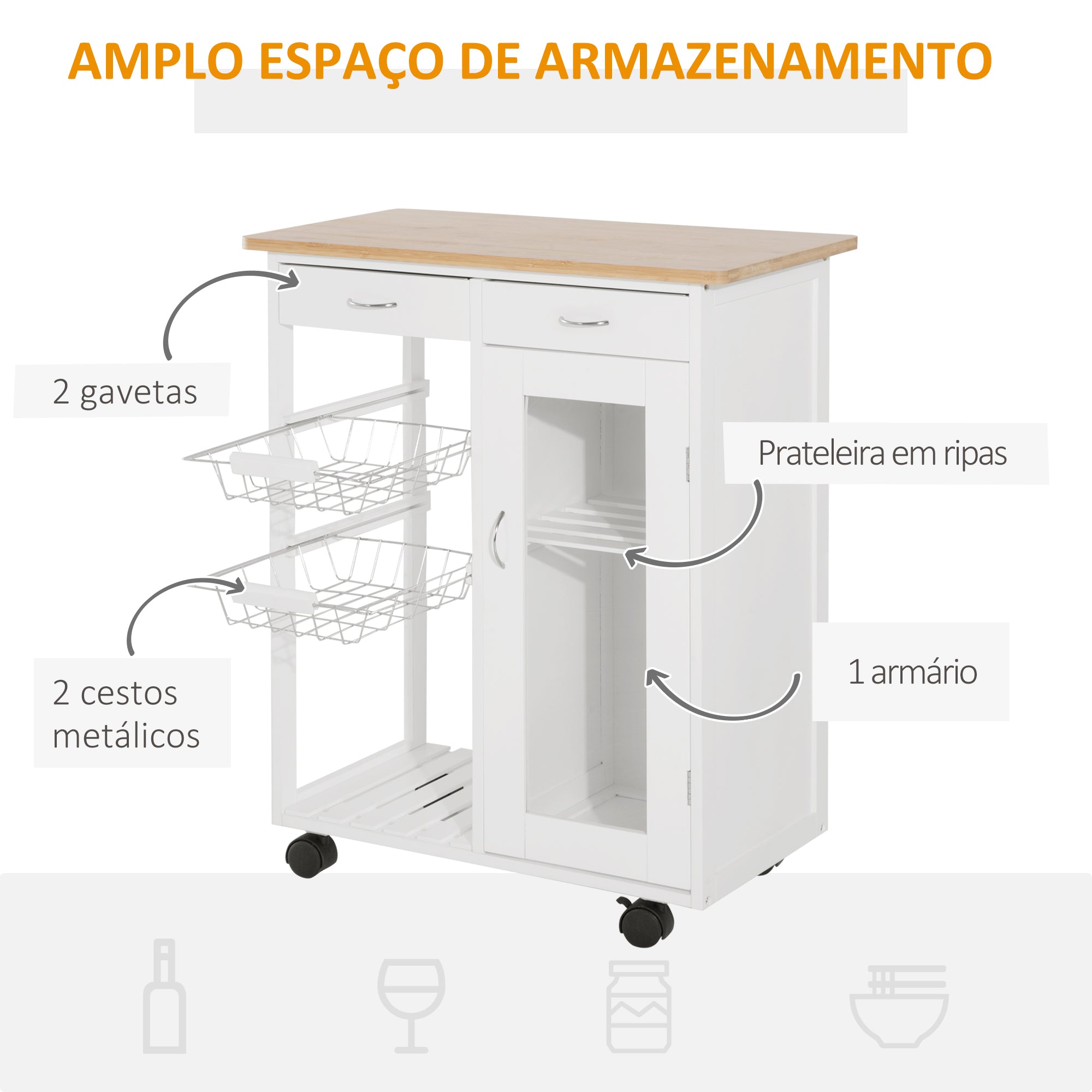 Carrinho de Cozinha de Bambu Branco 70x37x85 cm