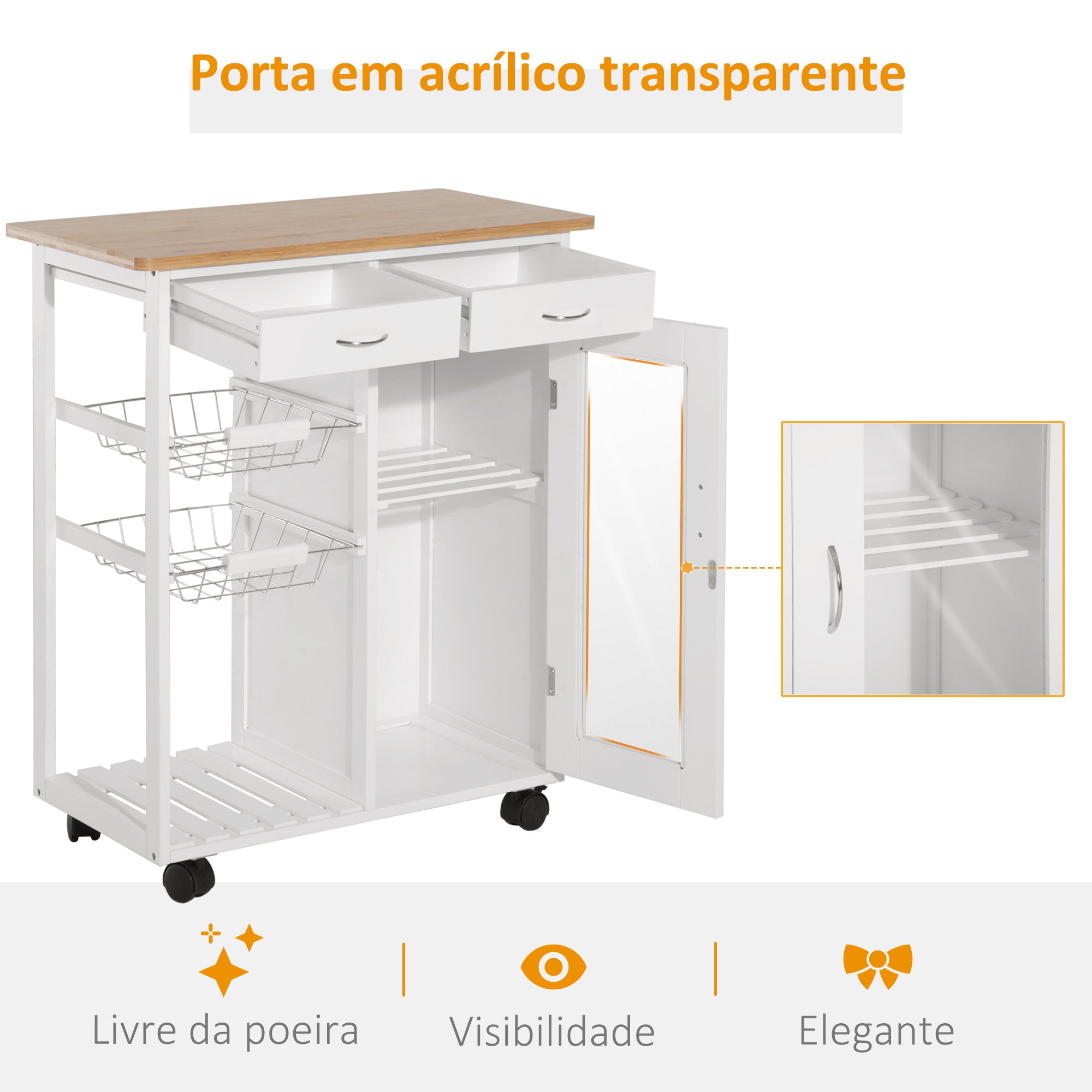 Carrinho de Cozinha de Bambu Branco 70x37x85 cm